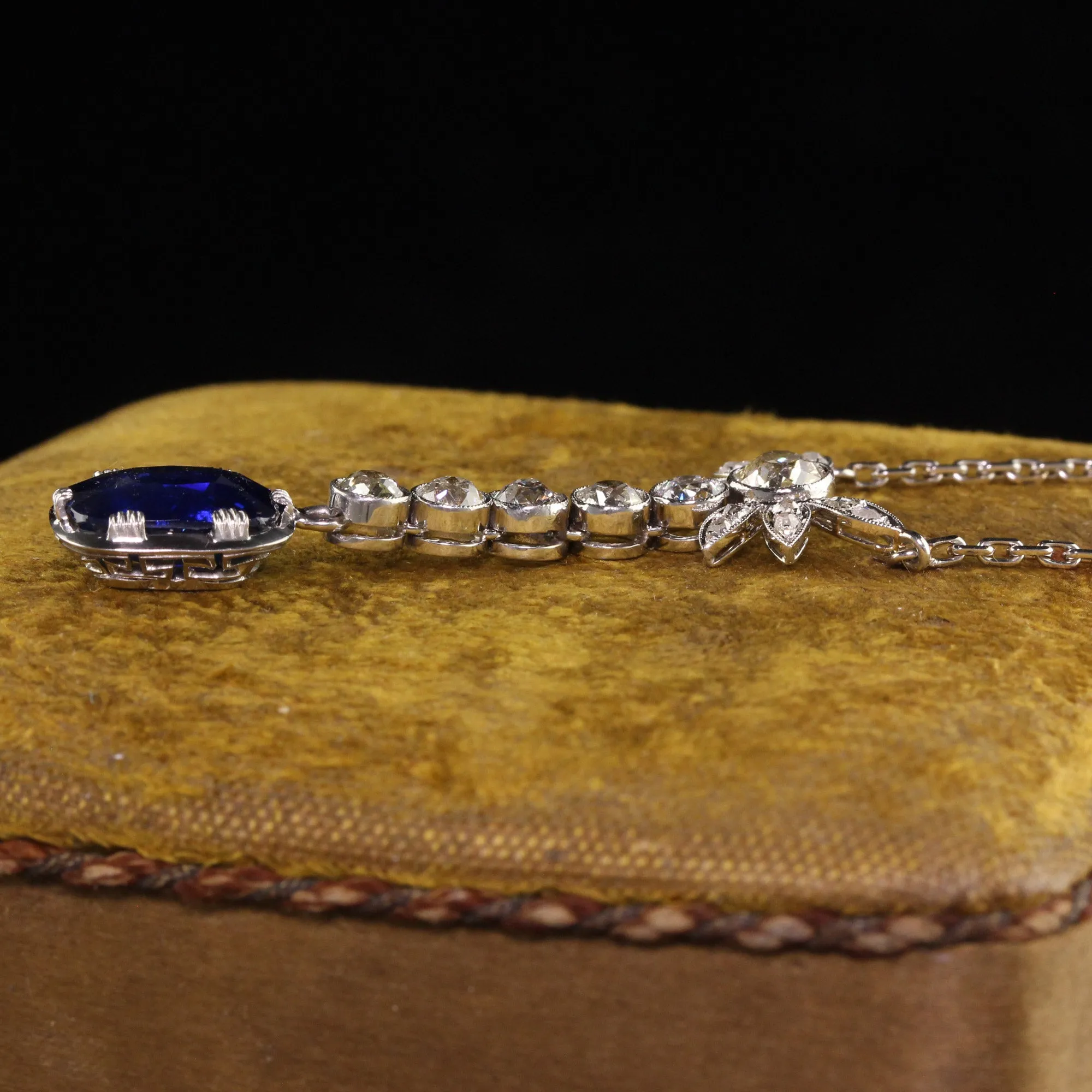 Antique Art Deco French Platinum Old Euro Diamond and Sapphire Drop Necklace