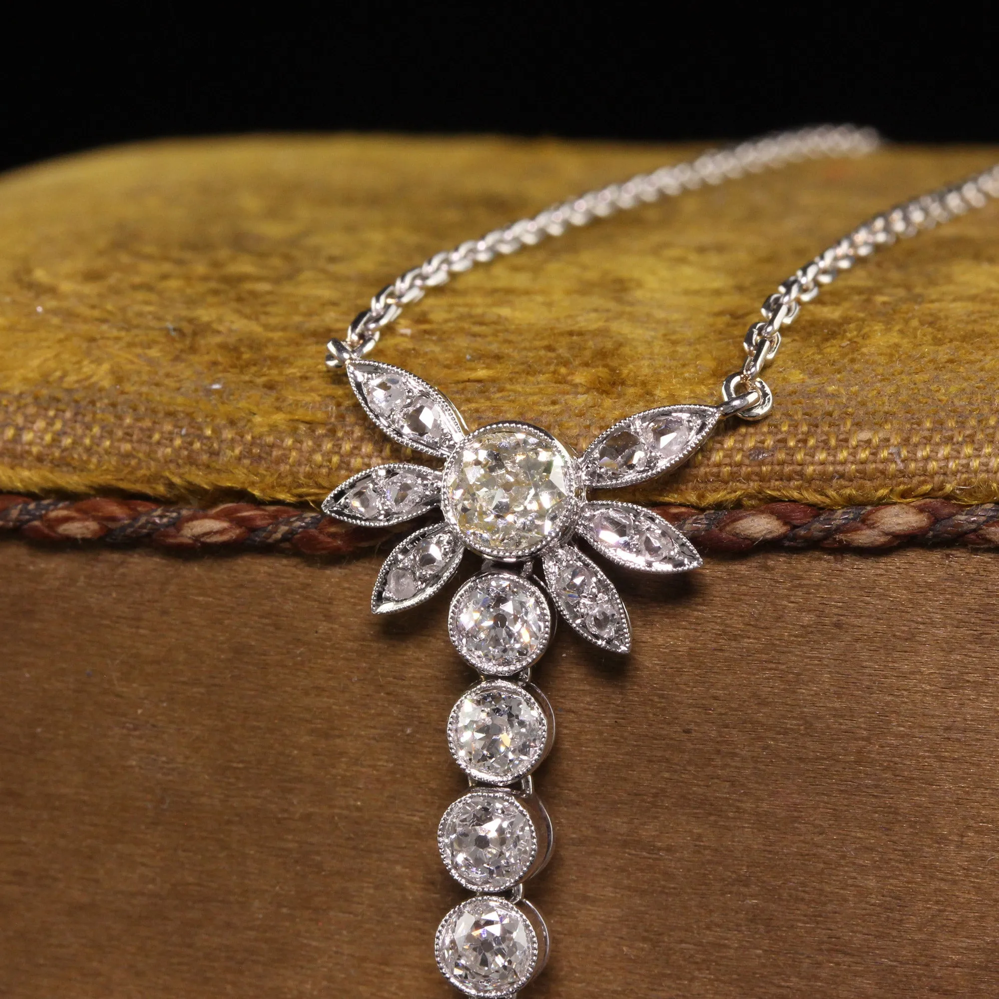 Antique Art Deco French Platinum Old Euro Diamond and Sapphire Drop Necklace