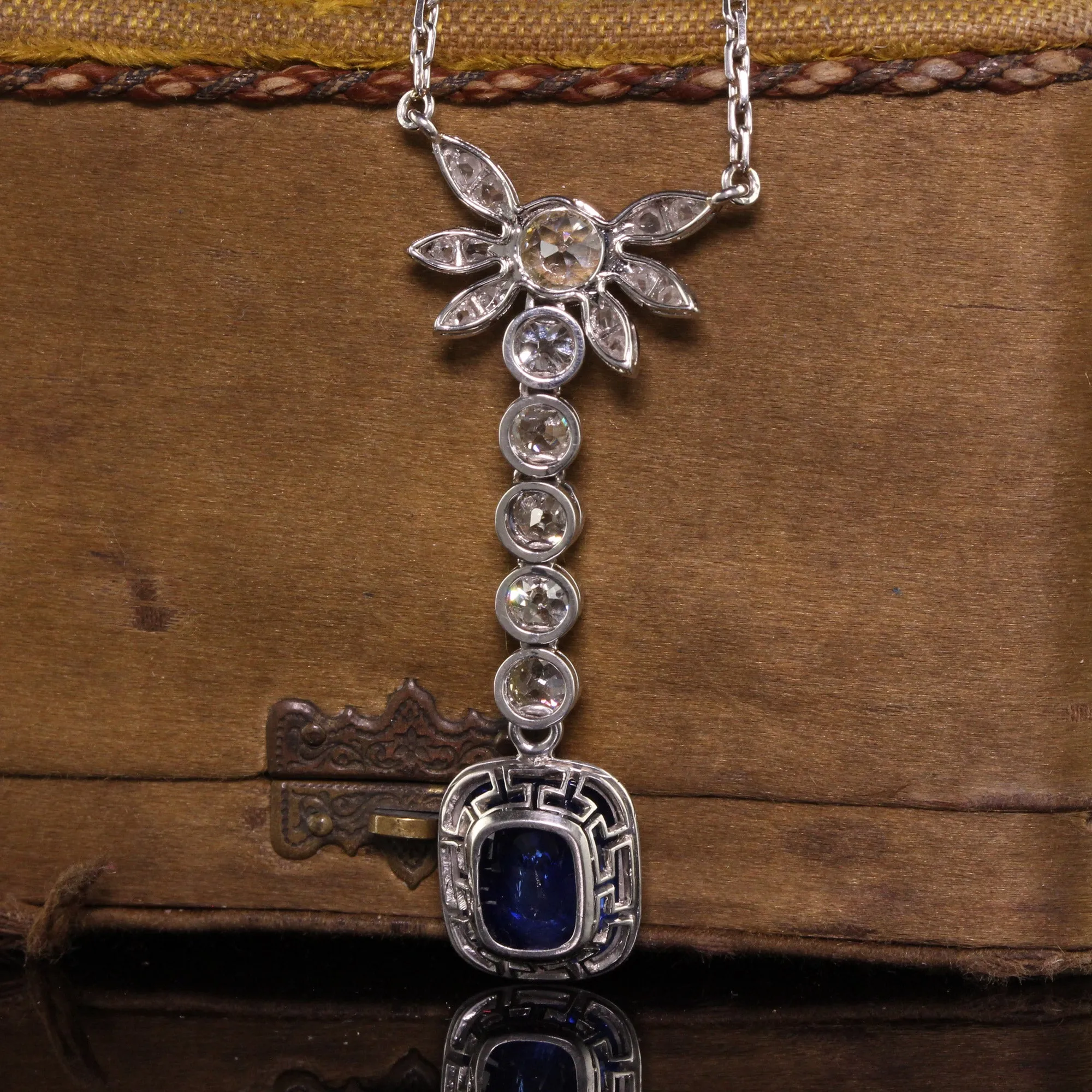 Antique Art Deco French Platinum Old Euro Diamond and Sapphire Drop Necklace