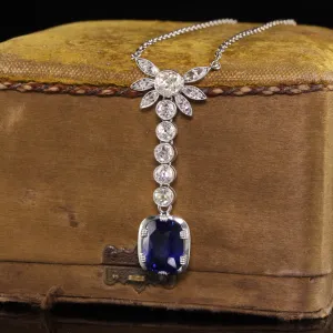 Antique Art Deco French Platinum Old Euro Diamond and Sapphire Drop Necklace
