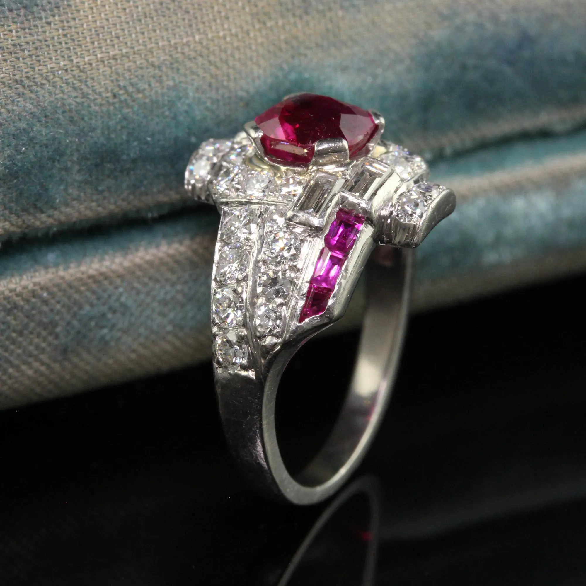 Antique Art Deco Platinum Burma Ruby and Diamond Engagement Ring - GIA