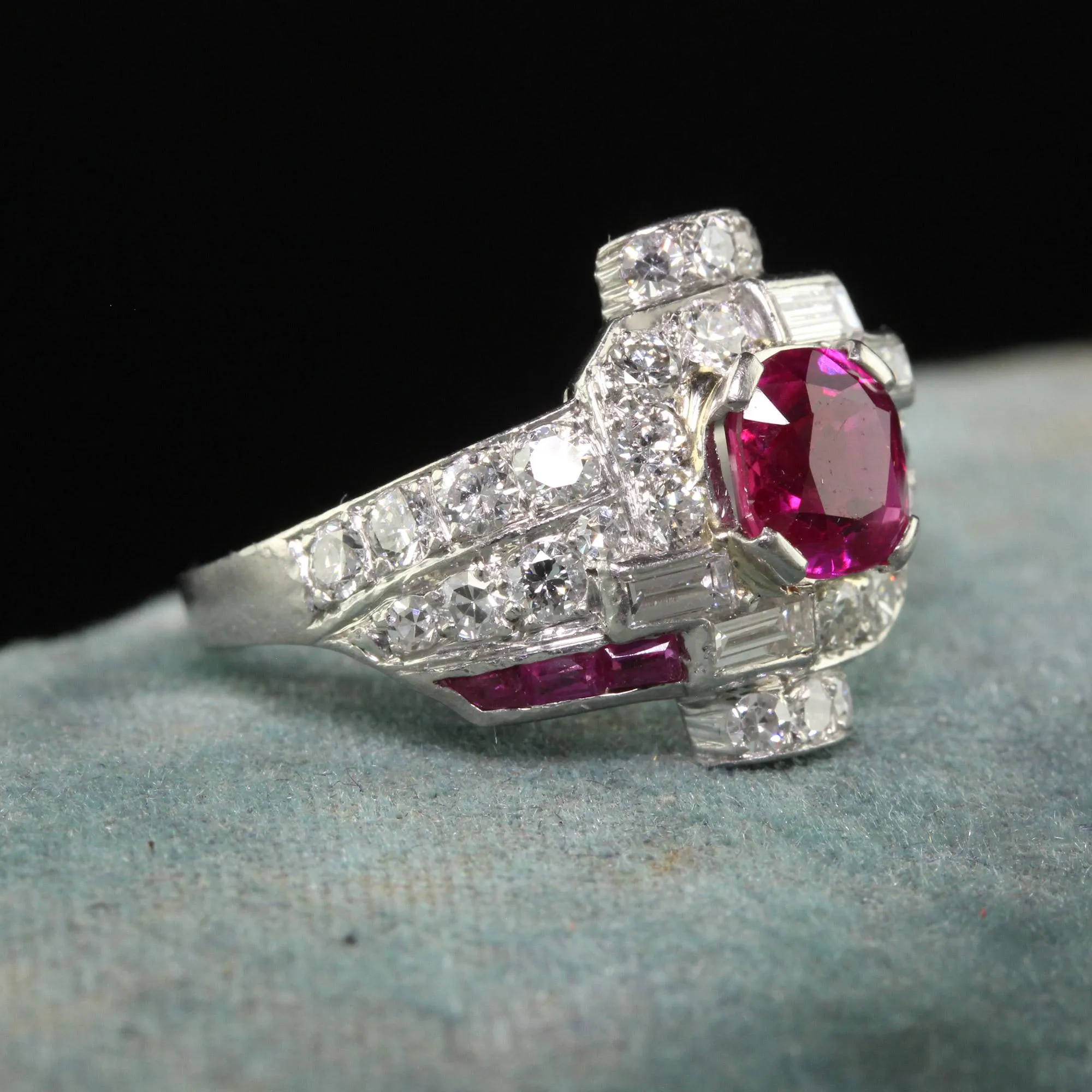 Antique Art Deco Platinum Burma Ruby and Diamond Engagement Ring - GIA