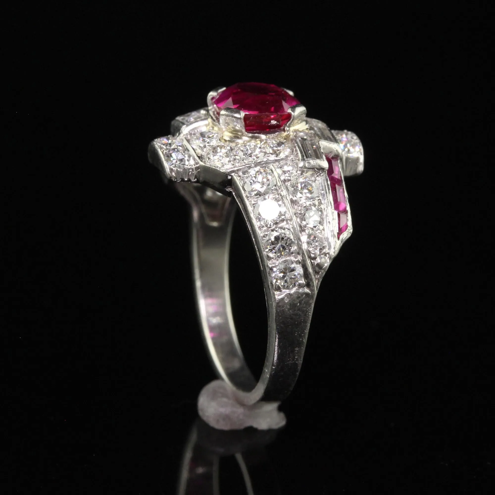Antique Art Deco Platinum Burma Ruby and Diamond Engagement Ring - GIA