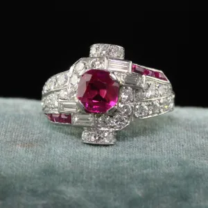 Antique Art Deco Platinum Burma Ruby and Diamond Engagement Ring - GIA
