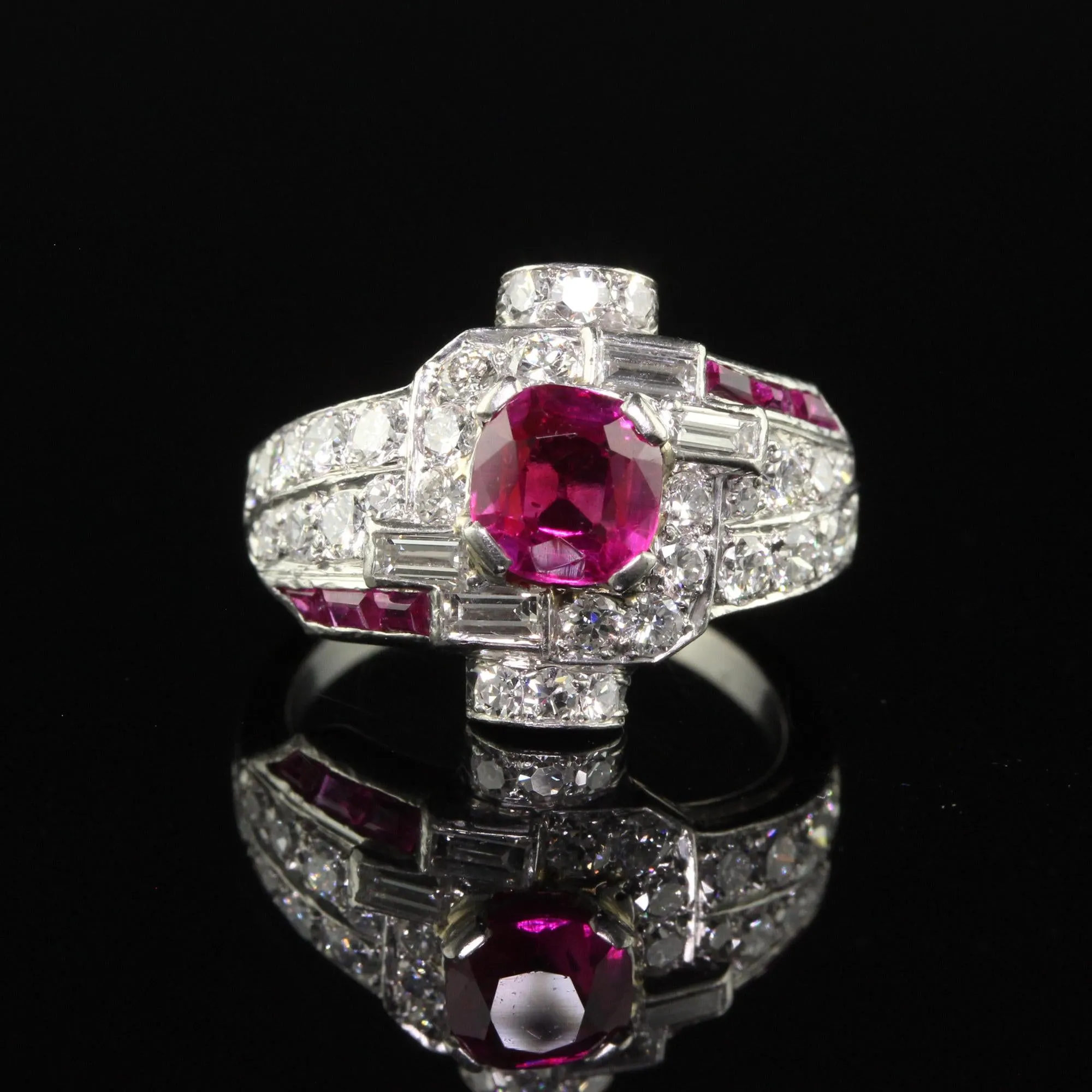 Antique Art Deco Platinum Burma Ruby and Diamond Engagement Ring - GIA