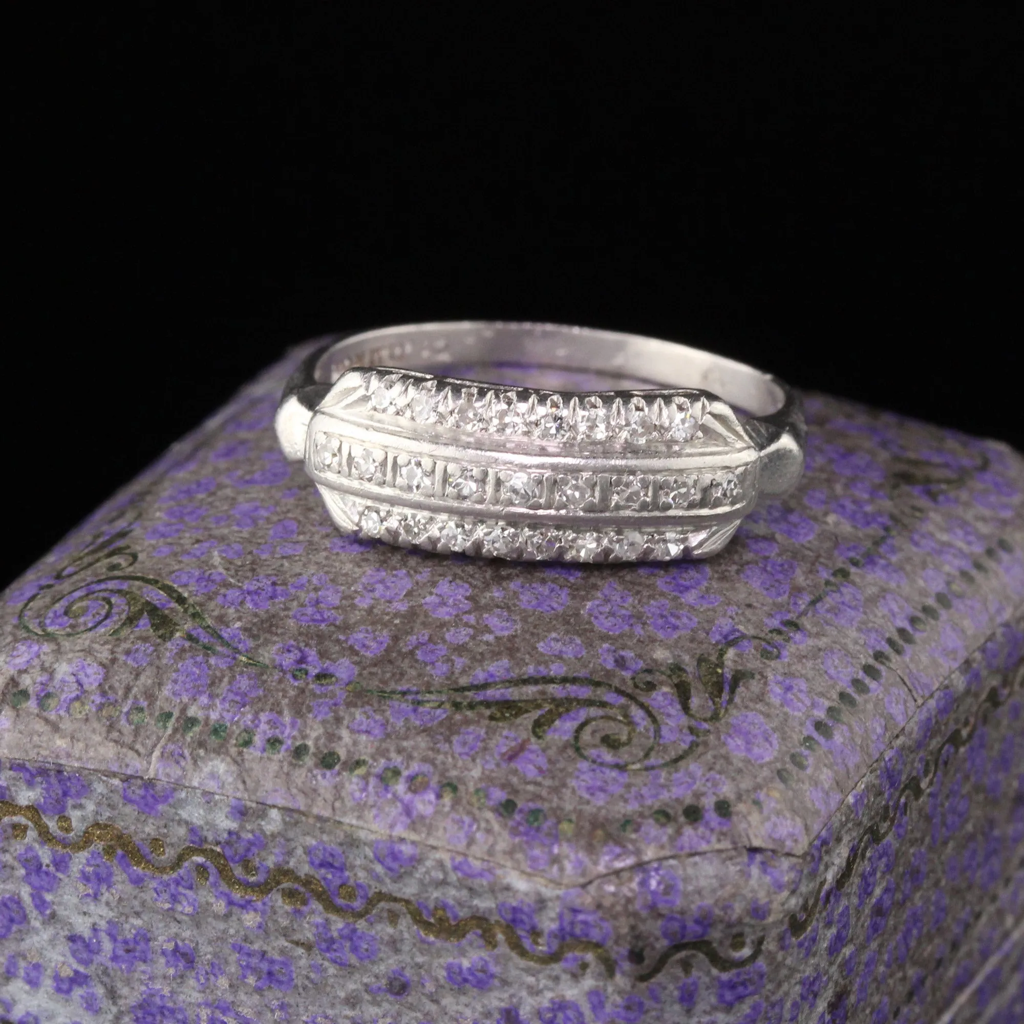 Antique Art Deco Platinum Diamond 3-Row Half Eternity Band