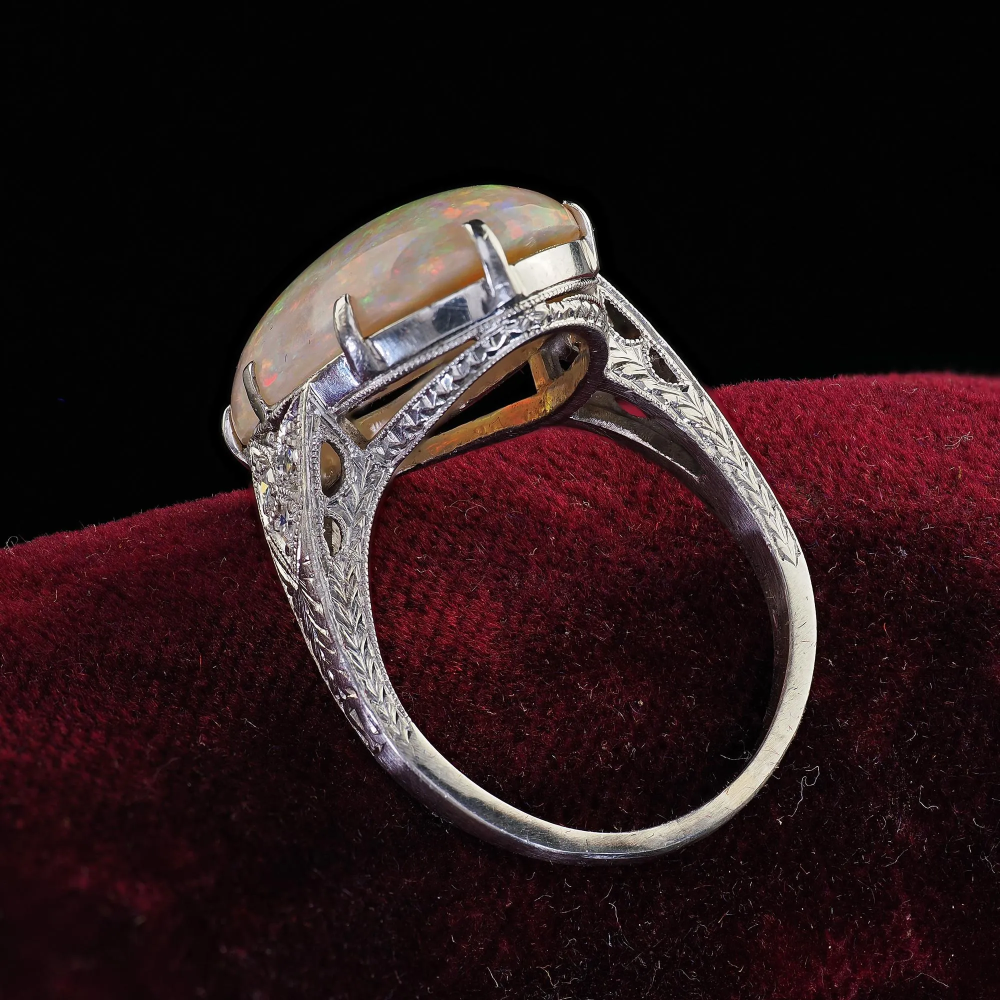 Antique Art Deco Platinum Natural Opal and Diamond Engraved Cocktail Ring