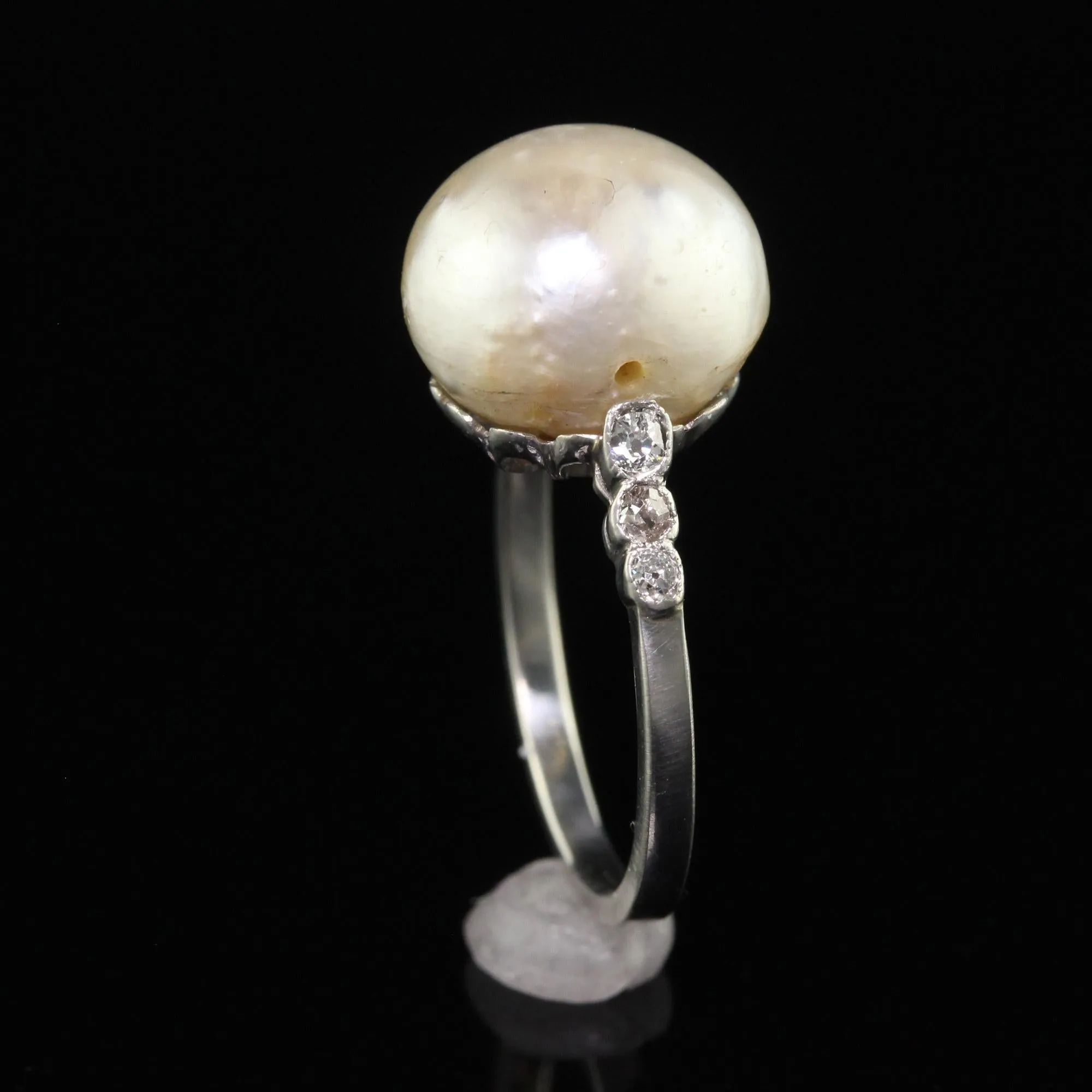 Antique Art Deco Platinum Natural Pearl and Diamond Engagement Ring - GIA