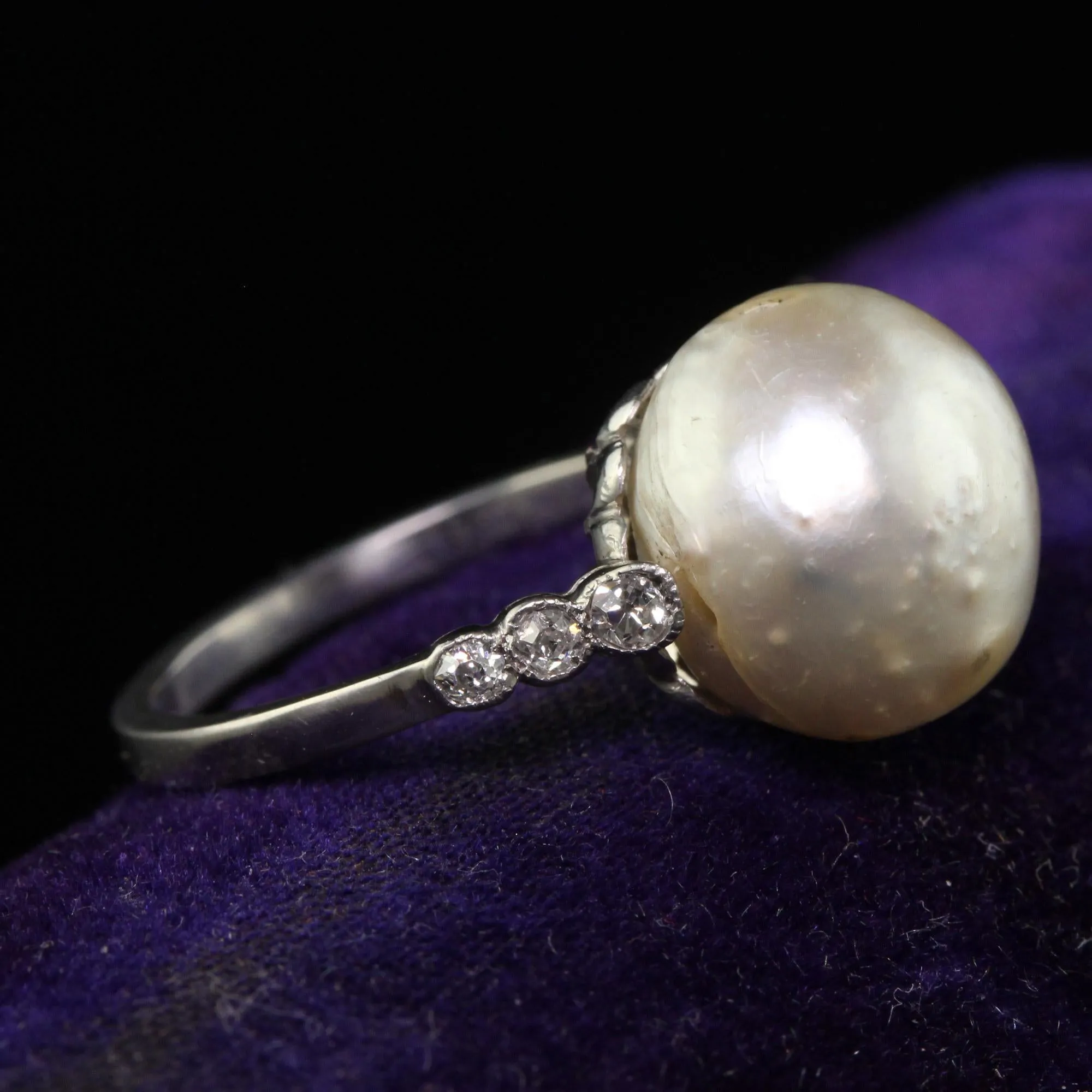 Antique Art Deco Platinum Natural Pearl and Diamond Engagement Ring - GIA