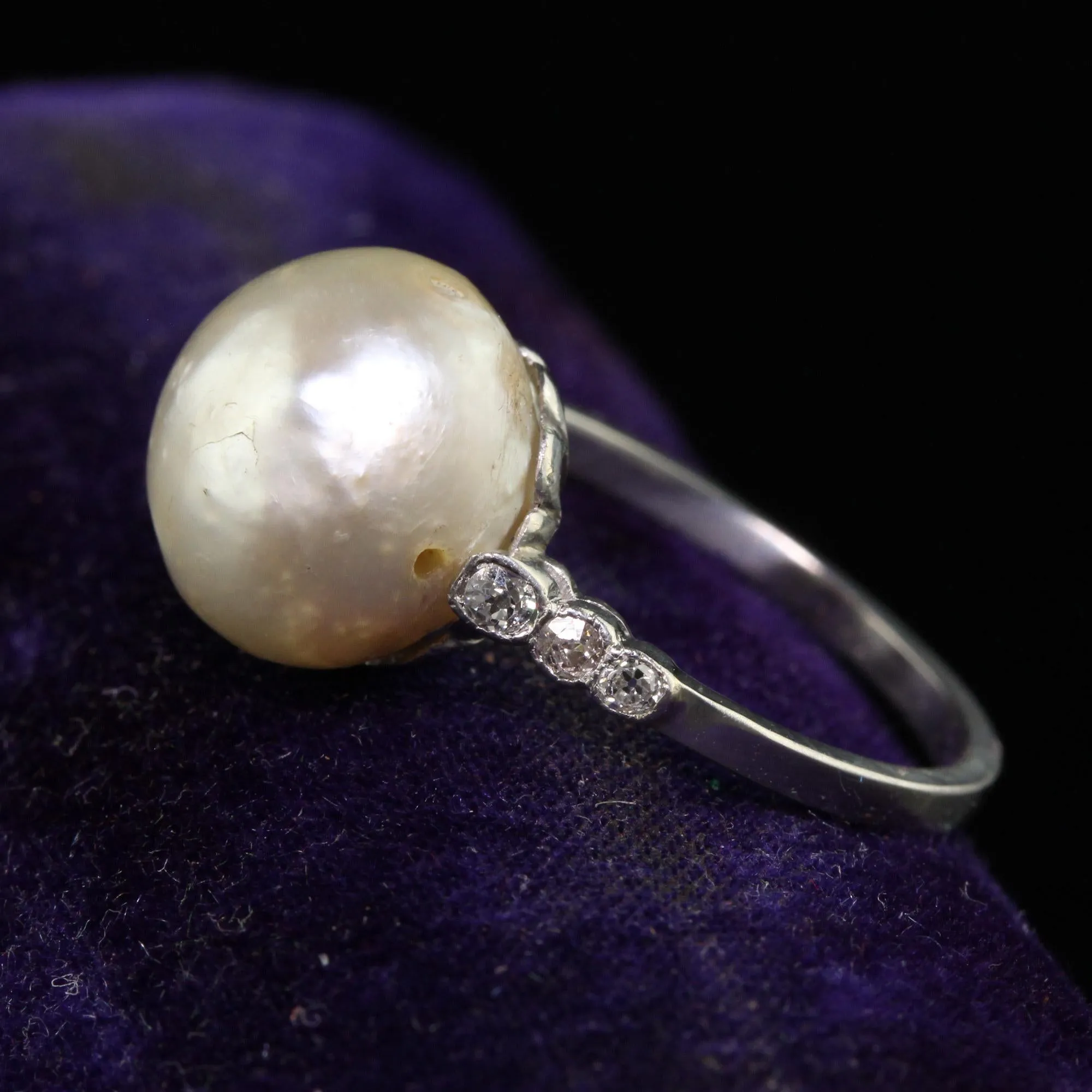 Antique Art Deco Platinum Natural Pearl and Diamond Engagement Ring - GIA
