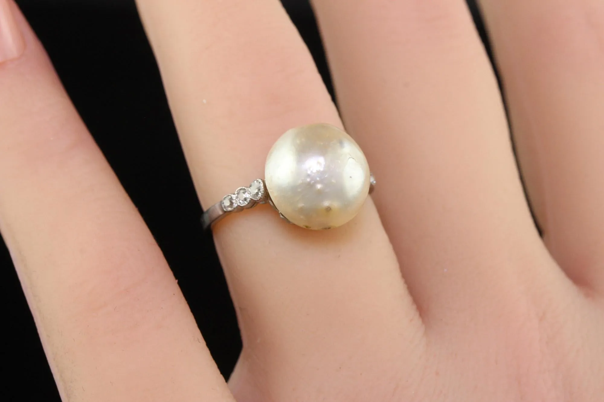 Antique Art Deco Platinum Natural Pearl and Diamond Engagement Ring - GIA
