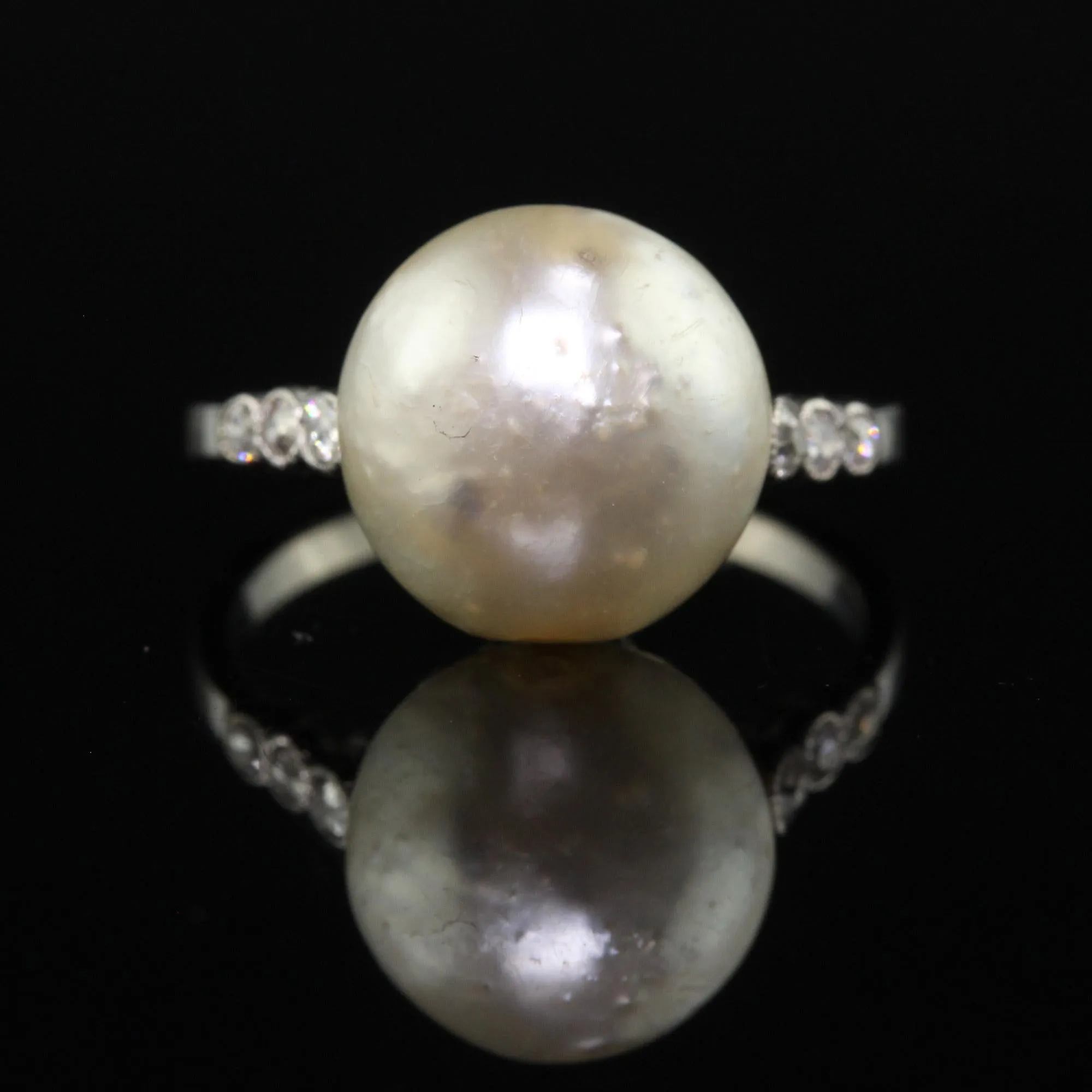 Antique Art Deco Platinum Natural Pearl and Diamond Engagement Ring - GIA