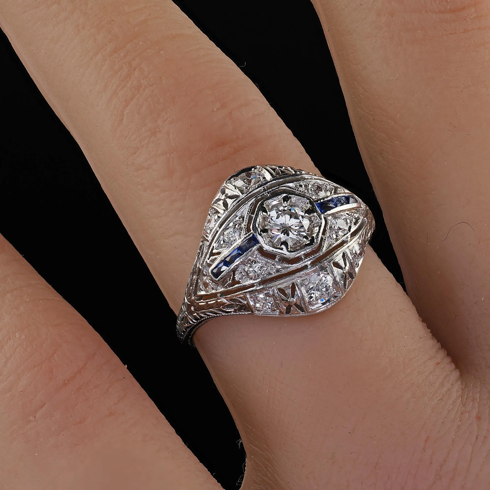 Antique Art Deco Platinum Old Cut Diamond and Sapphire Engagement Ring