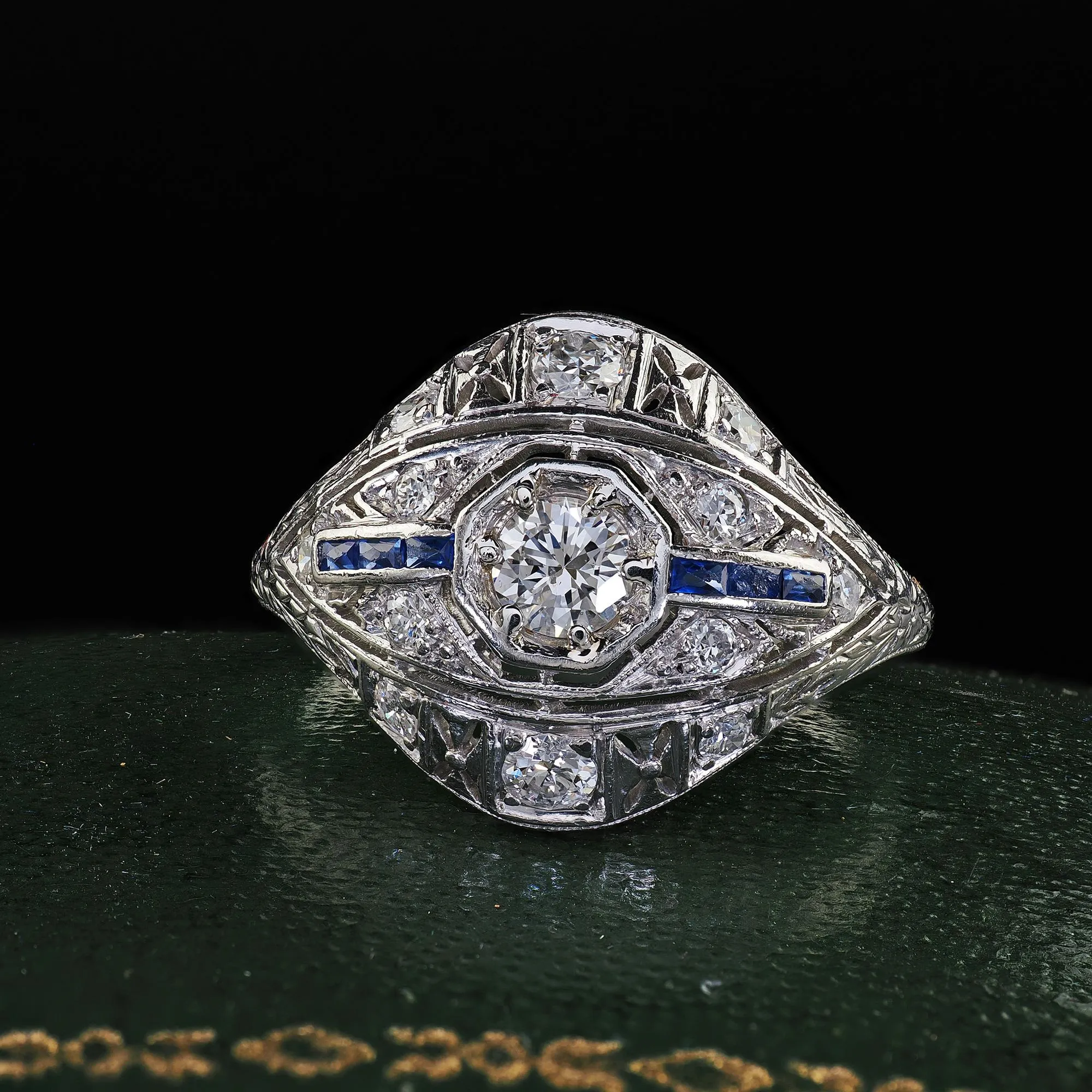 Antique Art Deco Platinum Old Cut Diamond and Sapphire Engagement Ring