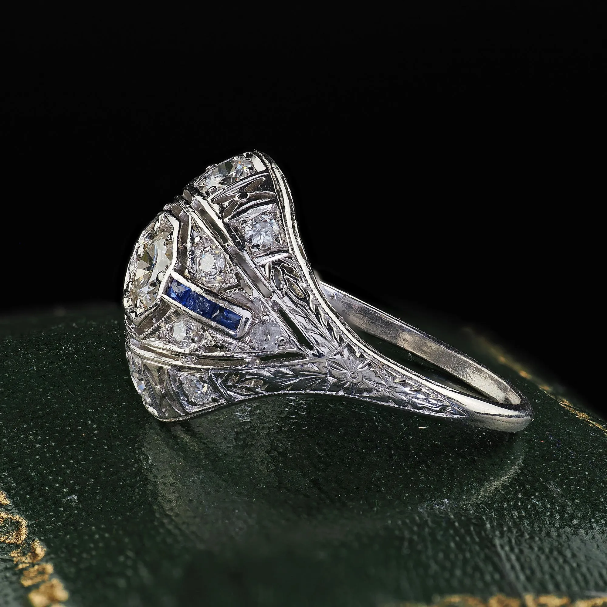 Antique Art Deco Platinum Old Cut Diamond and Sapphire Engagement Ring