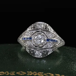 Antique Art Deco Platinum Old Cut Diamond and Sapphire Engagement Ring