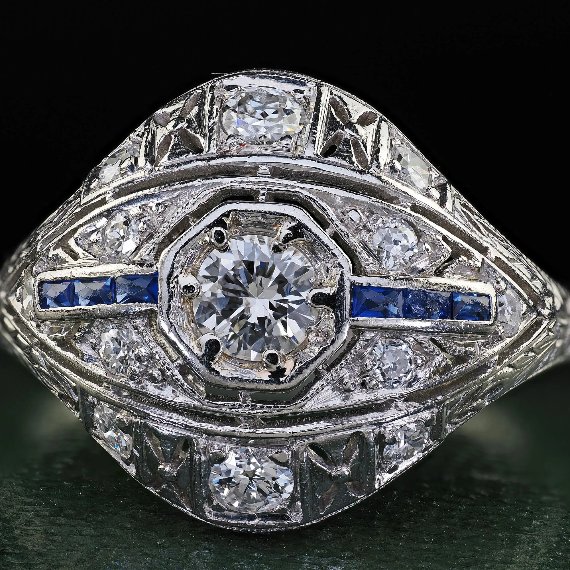 Antique Art Deco Platinum Old Cut Diamond and Sapphire Engagement Ring