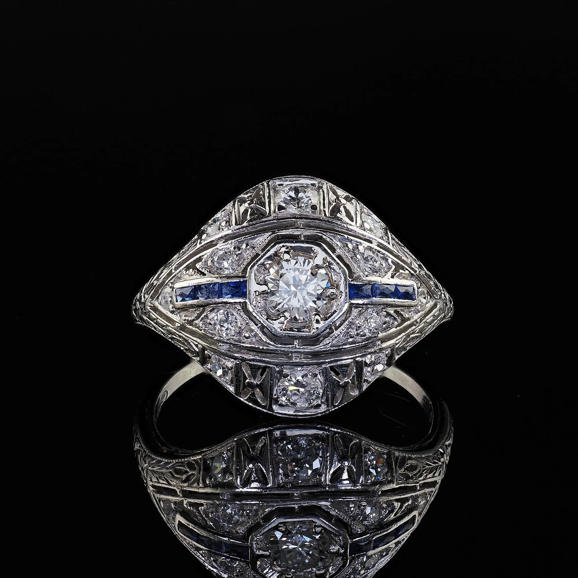 Antique Art Deco Platinum Old Cut Diamond and Sapphire Engagement Ring