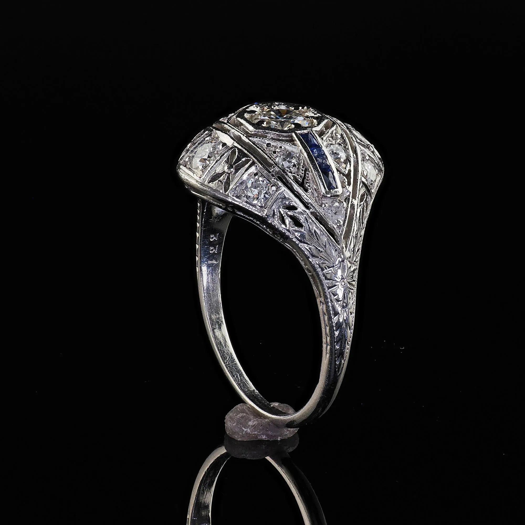 Antique Art Deco Platinum Old Cut Diamond and Sapphire Engagement Ring