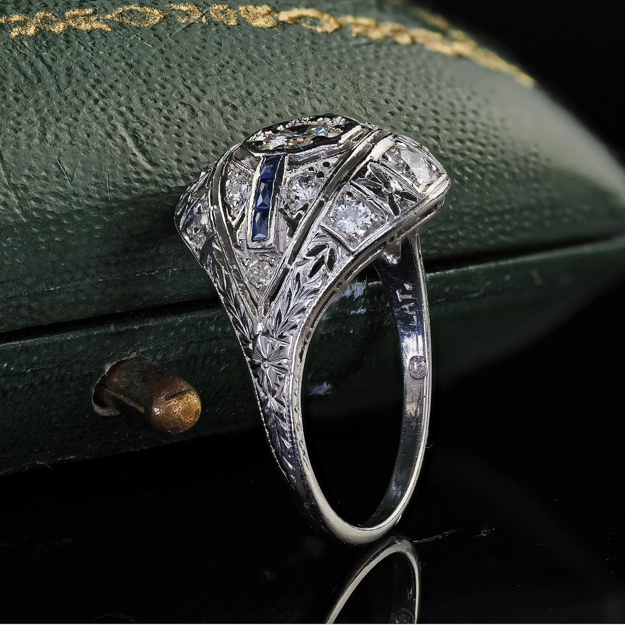 Antique Art Deco Platinum Old Cut Diamond and Sapphire Engagement Ring