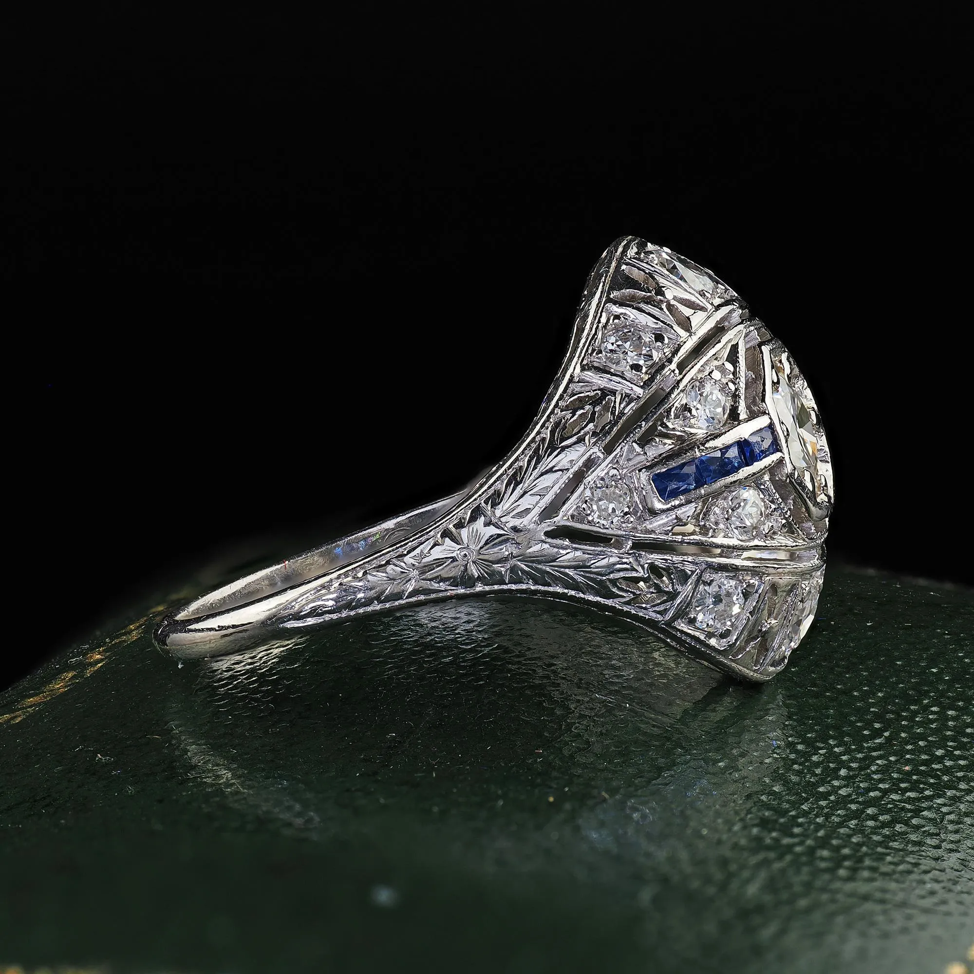 Antique Art Deco Platinum Old Cut Diamond and Sapphire Engagement Ring