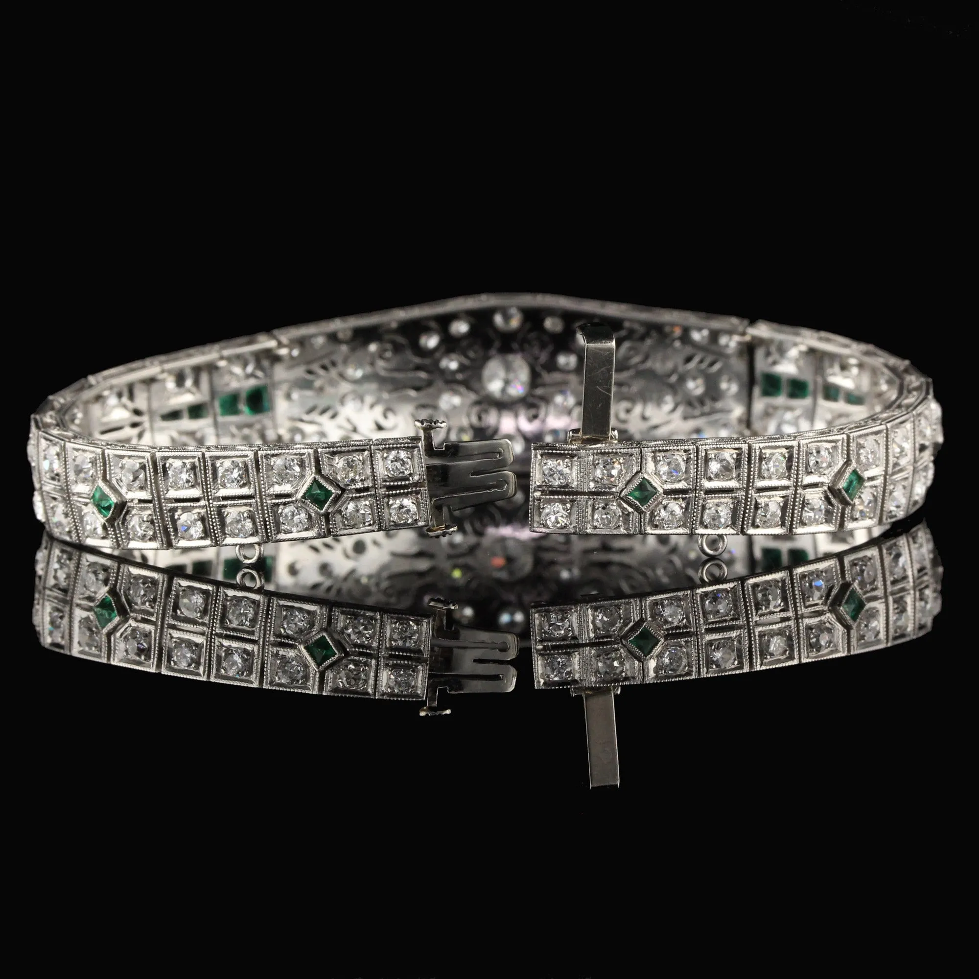 Antique Art Deco Platinum Old Euro Cut Diamond and Emerald Bracelet