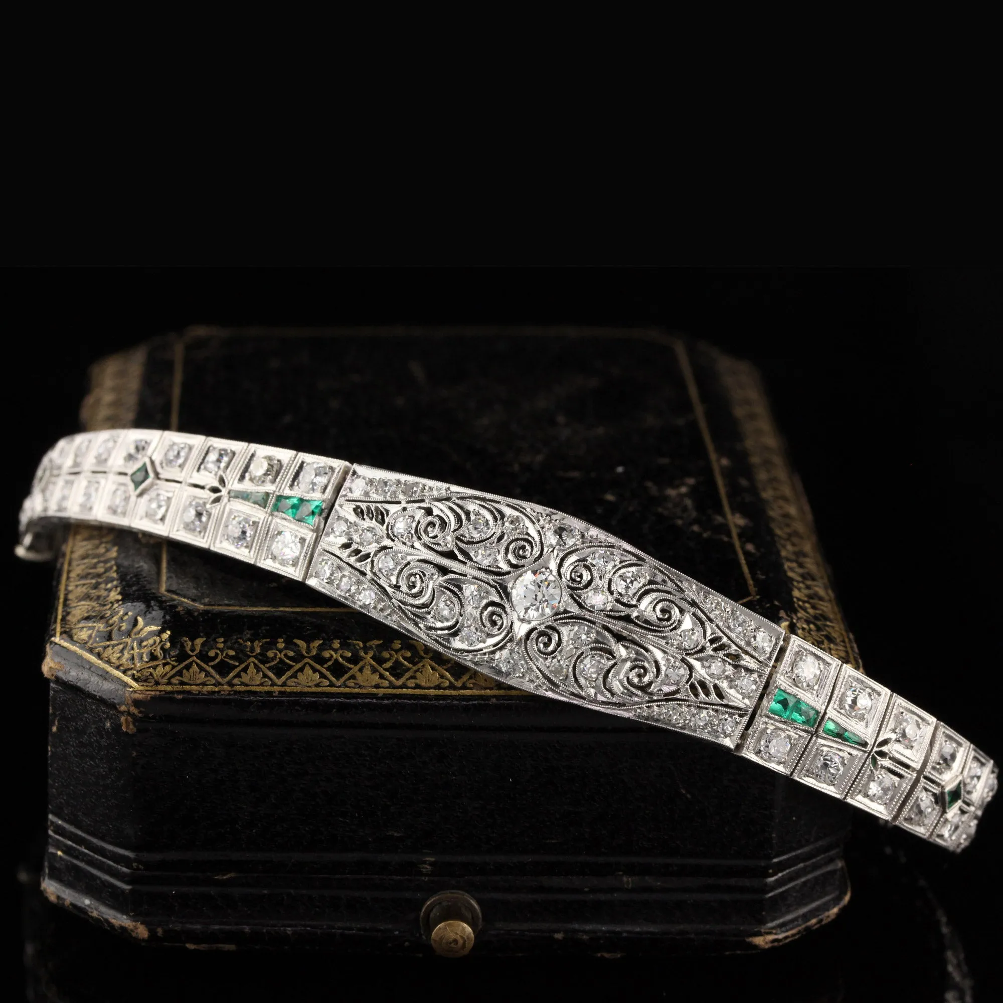 Antique Art Deco Platinum Old Euro Cut Diamond and Emerald Bracelet