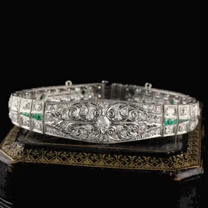Antique Art Deco Platinum Old Euro Cut Diamond and Emerald Bracelet