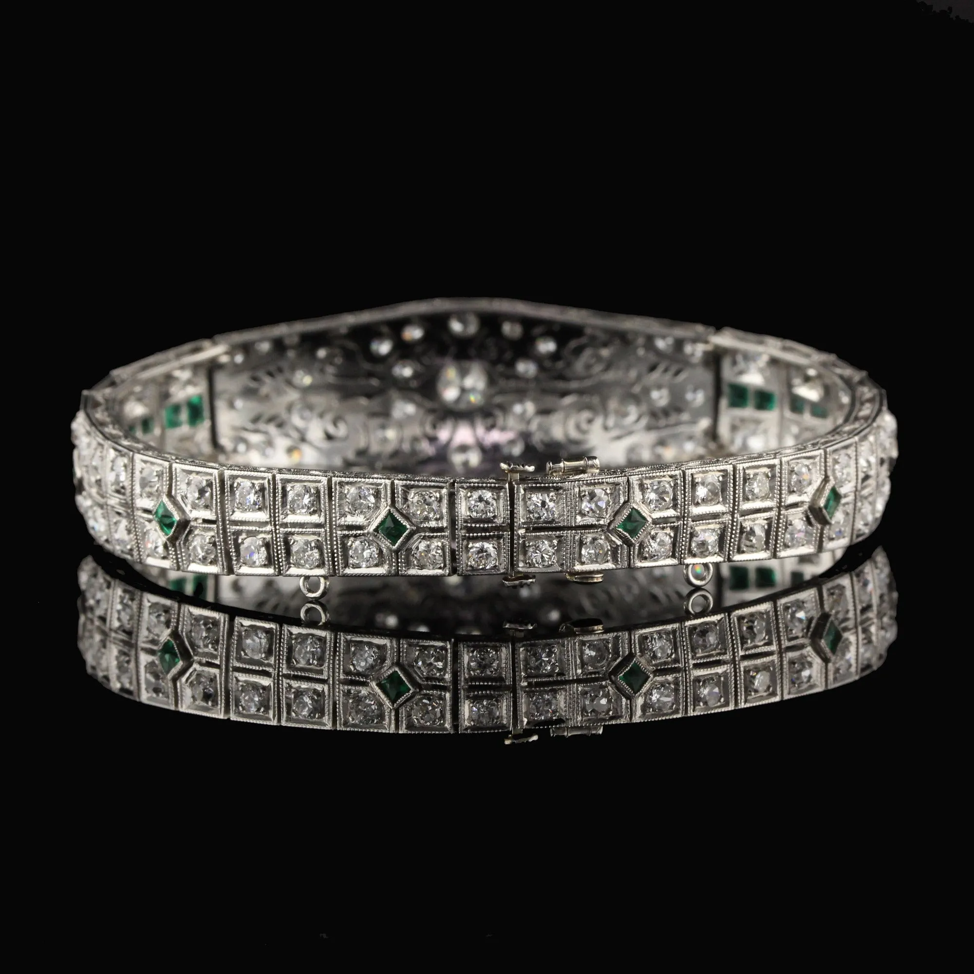 Antique Art Deco Platinum Old Euro Cut Diamond and Emerald Bracelet