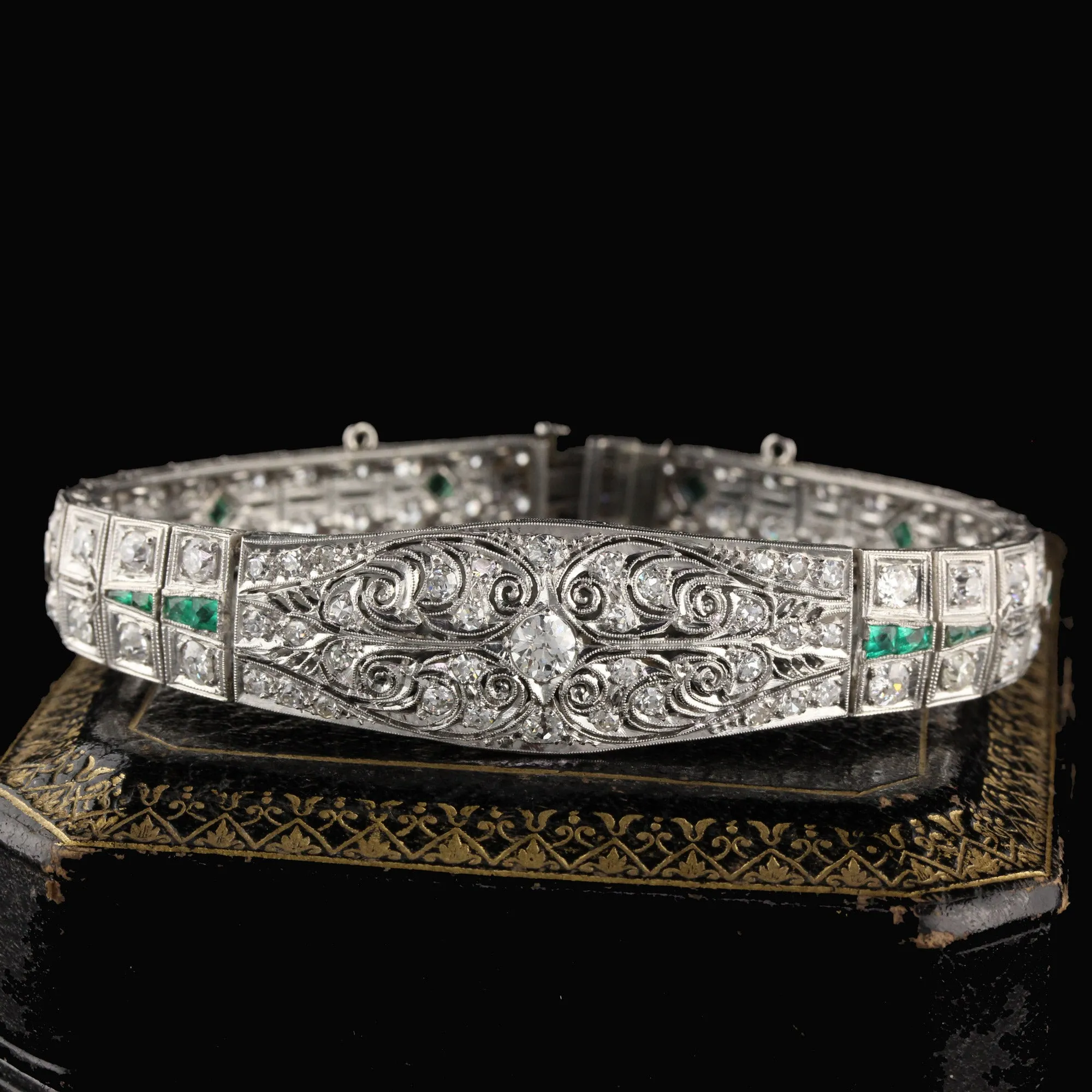 Antique Art Deco Platinum Old Euro Cut Diamond and Emerald Bracelet