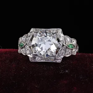 Antique Art Deco Platinum Old Euro Diamond and Emerald Engagement Ring - GIA