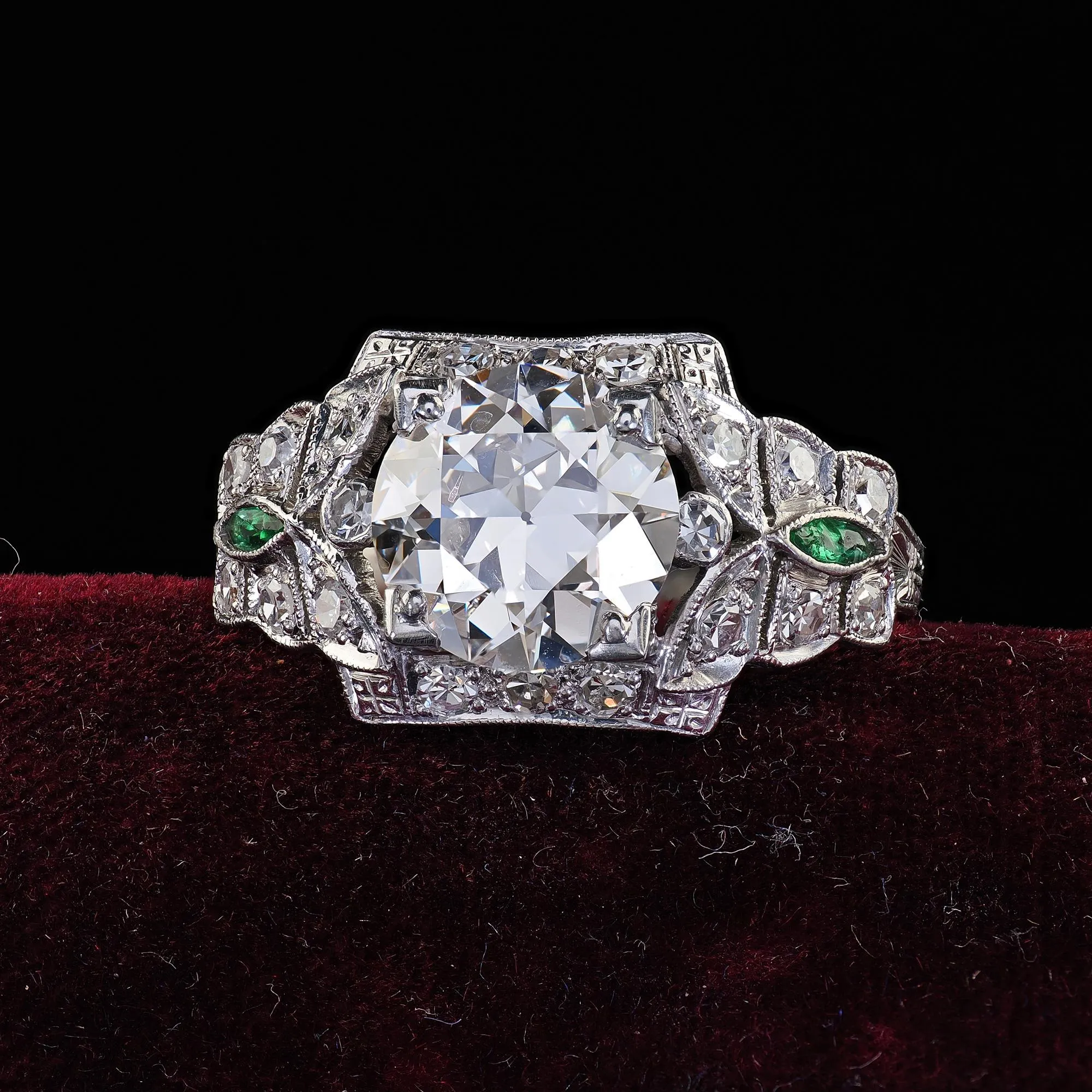Antique Art Deco Platinum Old Euro Diamond and Emerald Engagement Ring - GIA