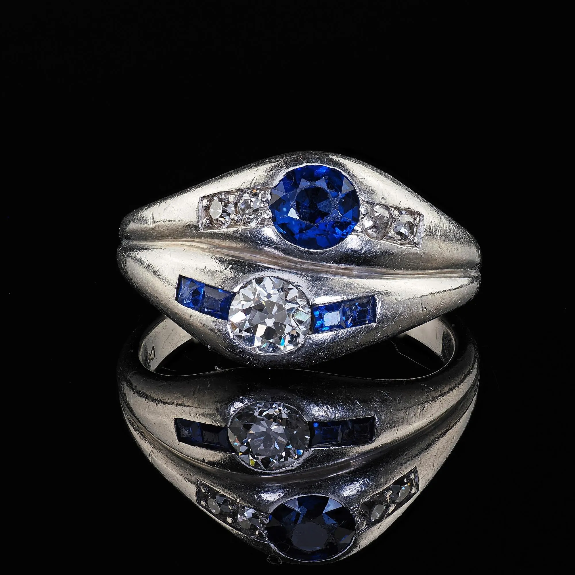 Antique Art Deco Platinum Old Euro Diamond and Sapphire Double Ring