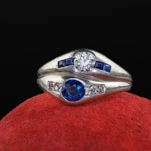 Antique Art Deco Platinum Old Euro Diamond and Sapphire Double Ring