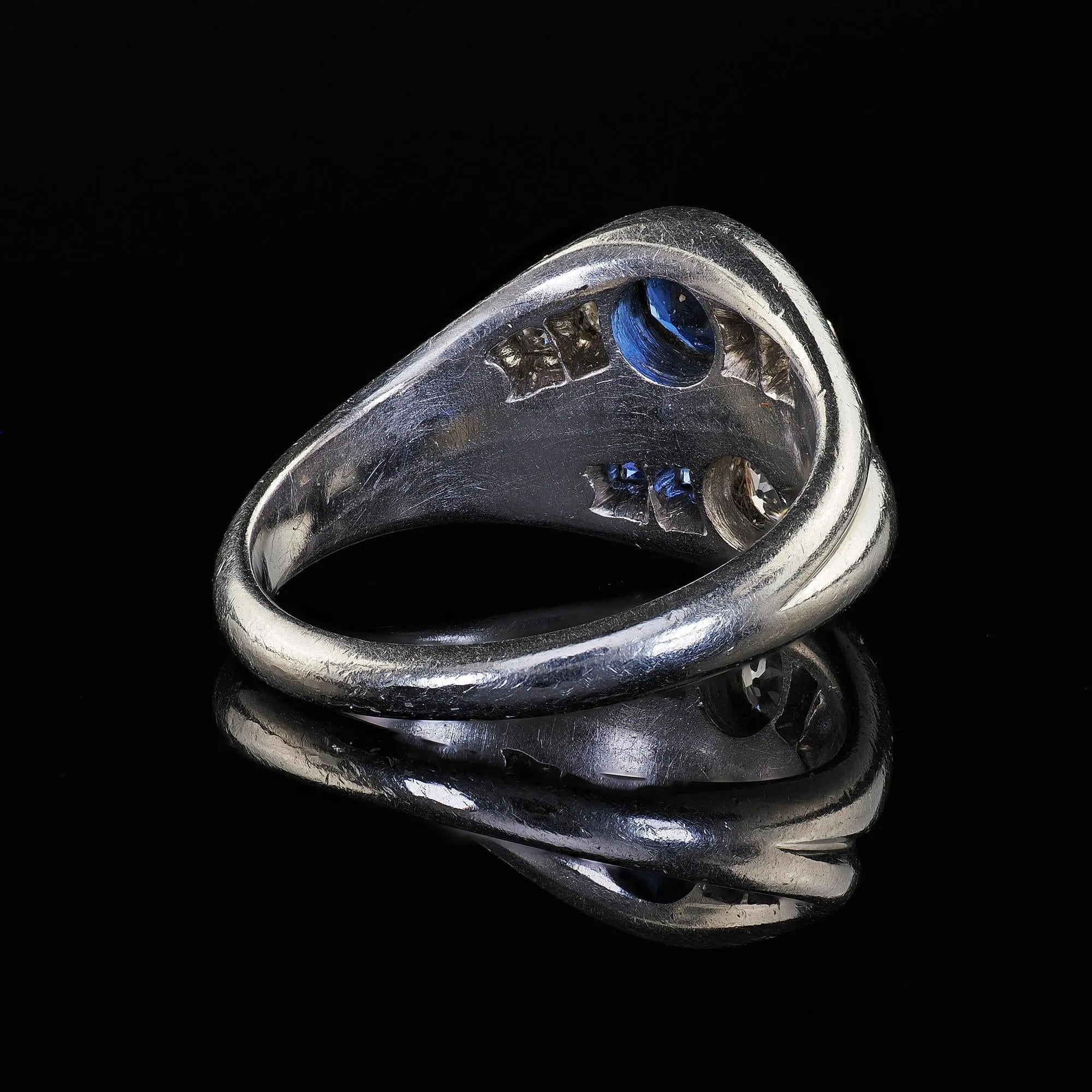 Antique Art Deco Platinum Old Euro Diamond and Sapphire Double Ring