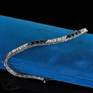 Antique Art Deco Platinum Old Euro Diamond and Synthetic Sapphire Line Bracelet