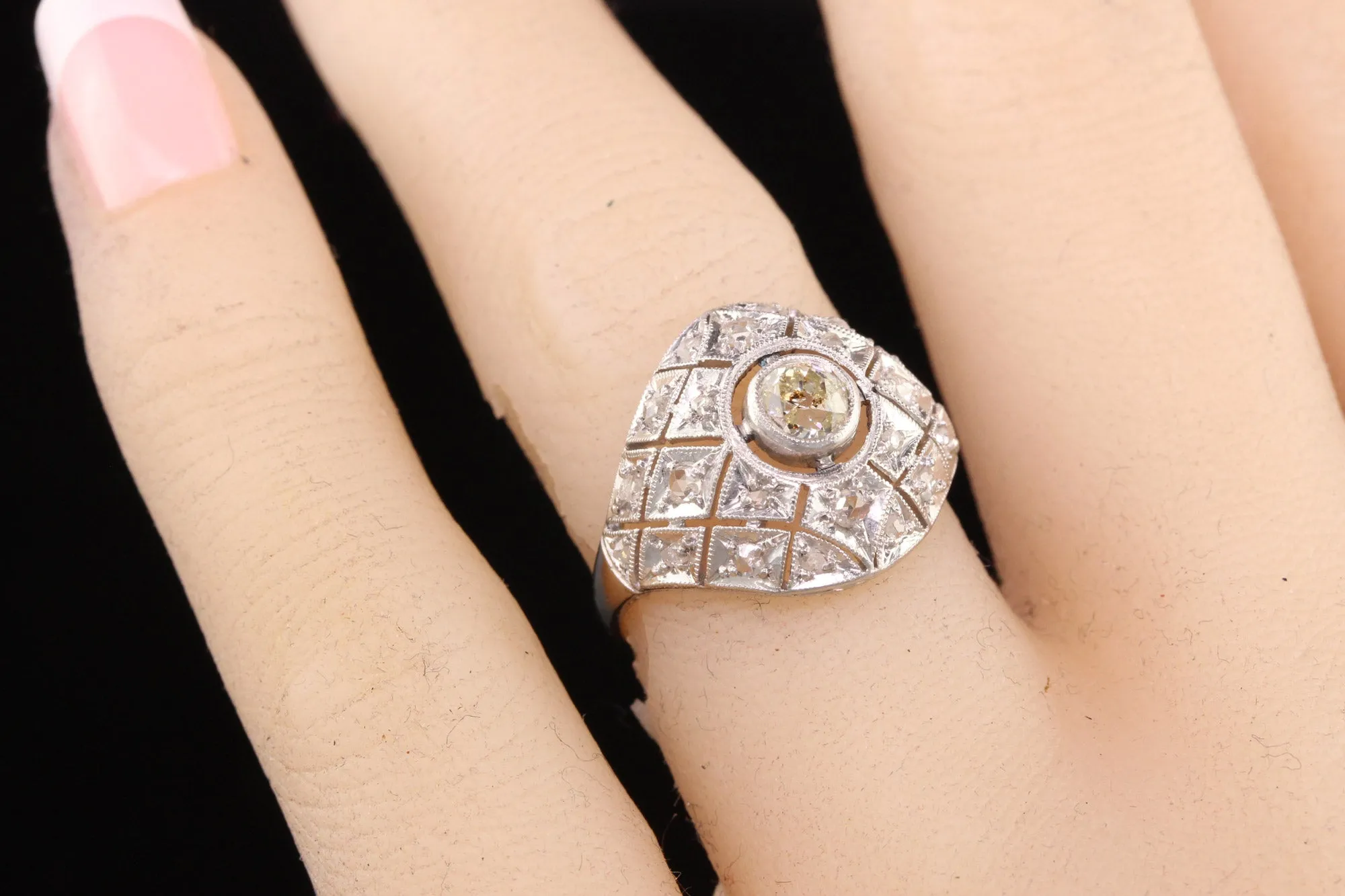 Antique Art Deco Platinum Old Mine Diamond Filigree Domed Ring