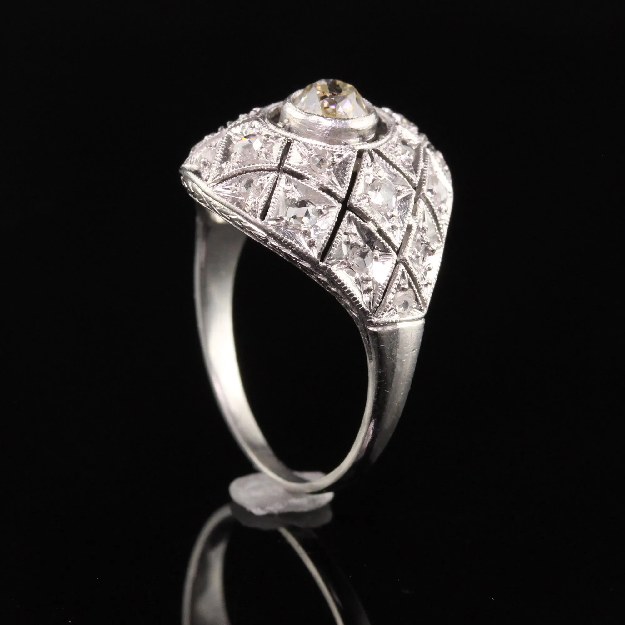 Antique Art Deco Platinum Old Mine Diamond Filigree Domed Ring