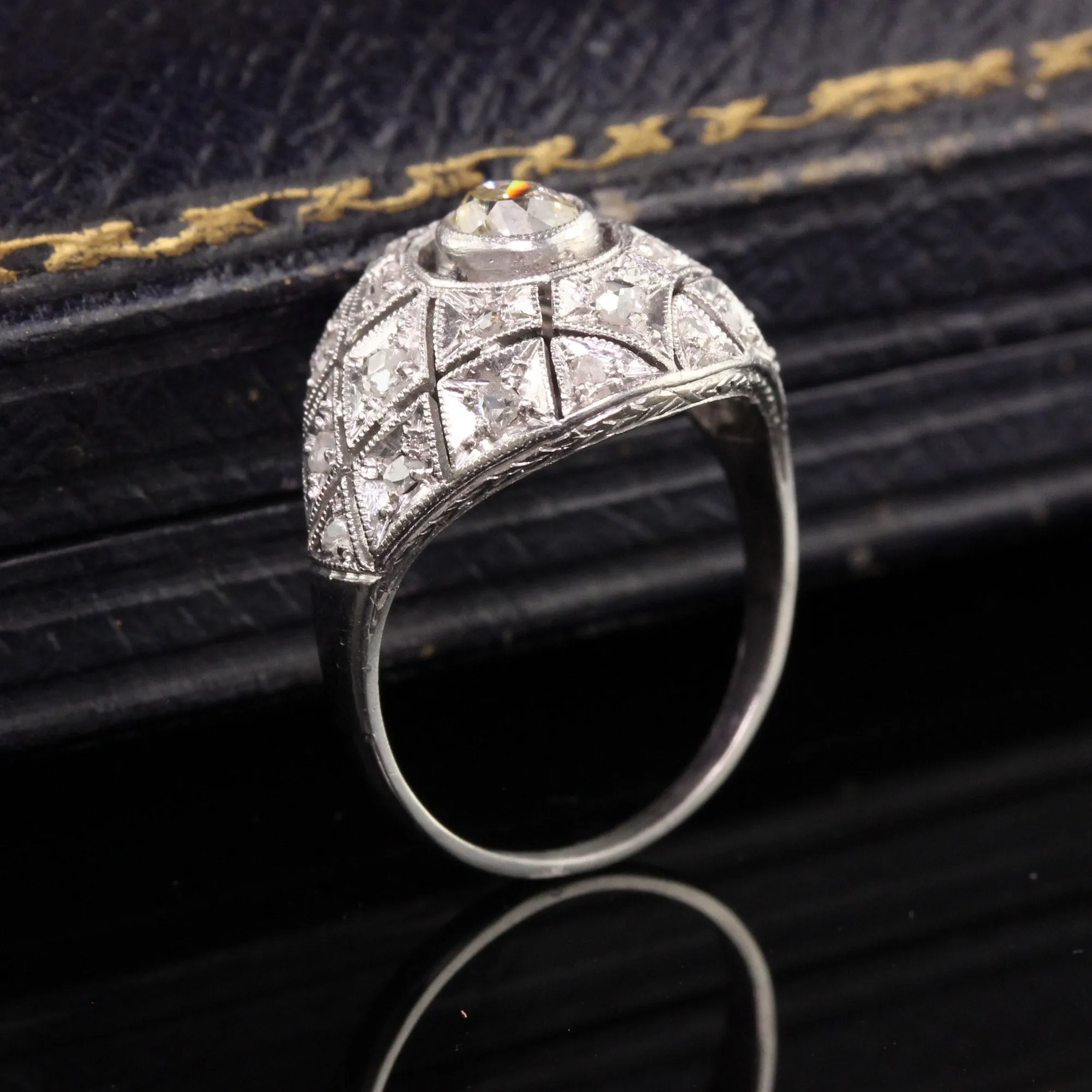 Antique Art Deco Platinum Old Mine Diamond Filigree Domed Ring