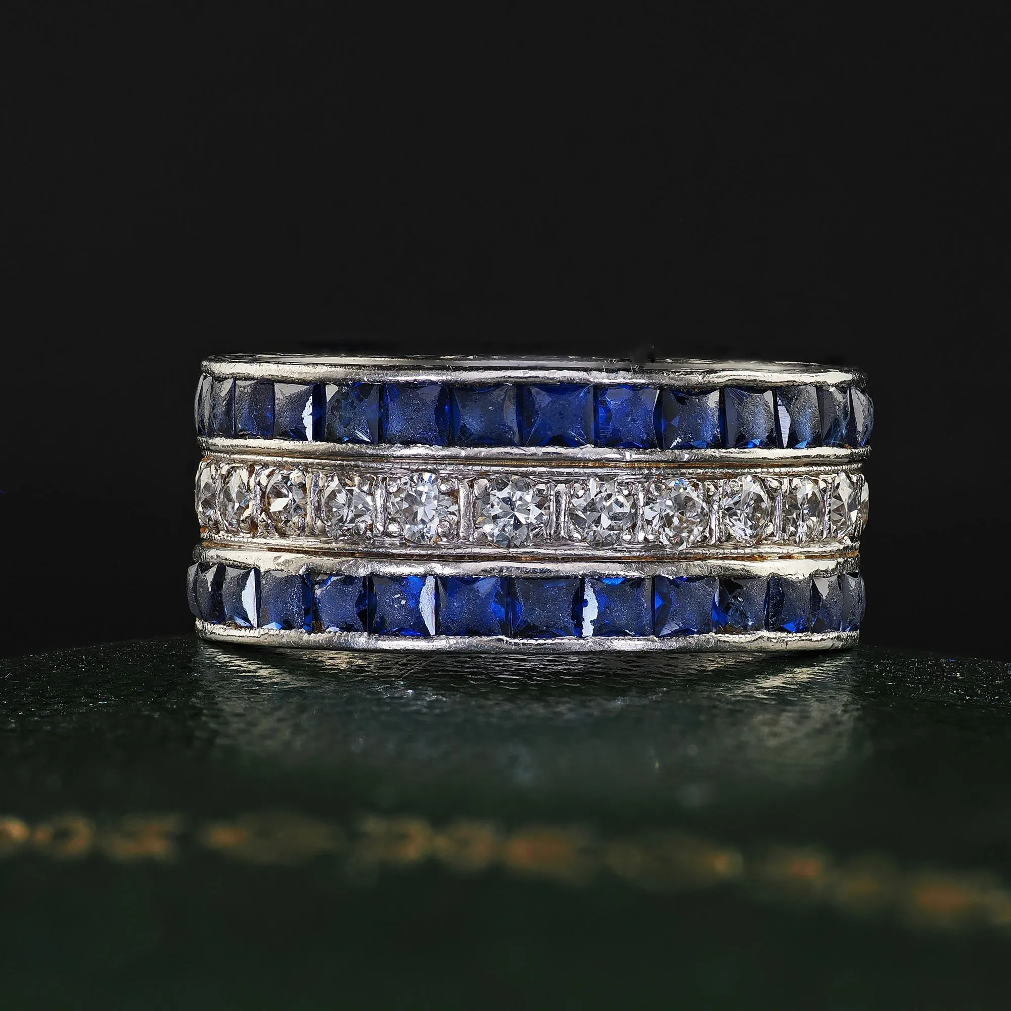 Antique Art Deco Platinum Sapphire and Diamond Wide Eternity Band - Size 5 1/4