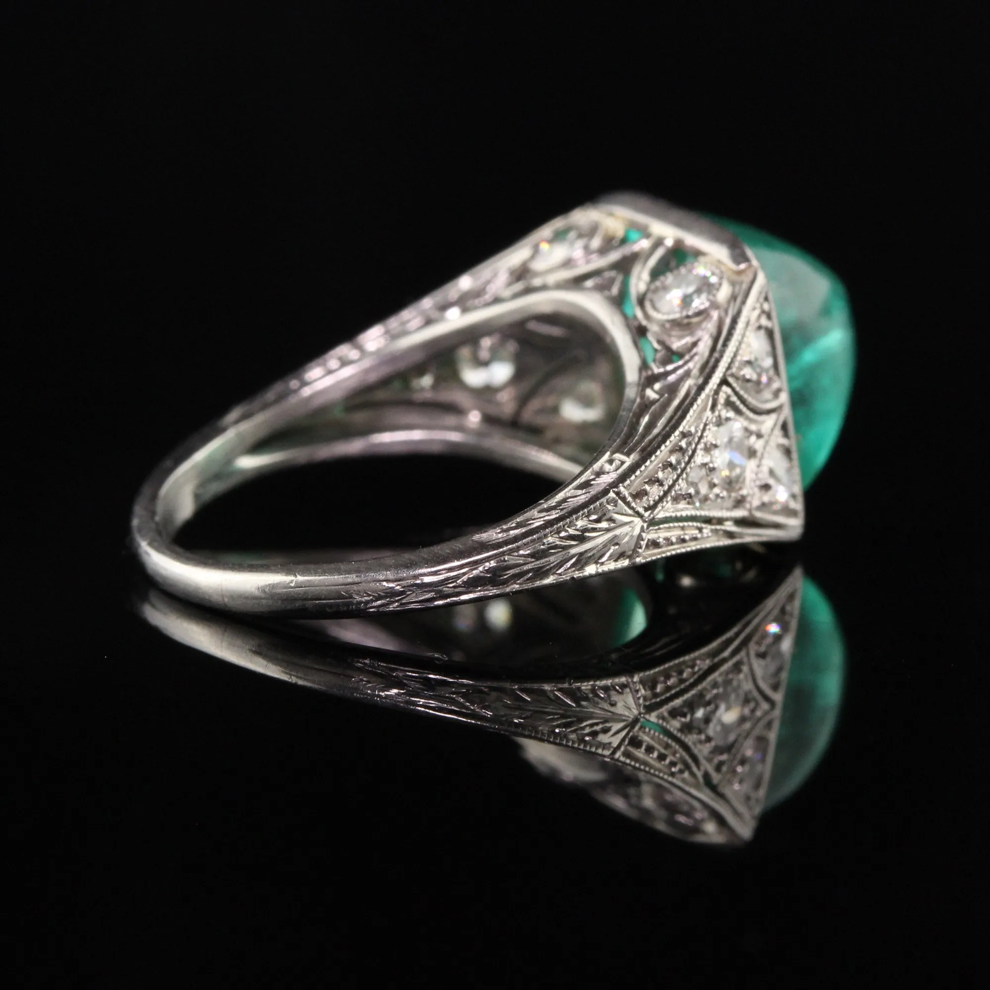 Antique Art Deco Platinum Sugar Loaf Emerald Old Euro Diamond Filigree Ring