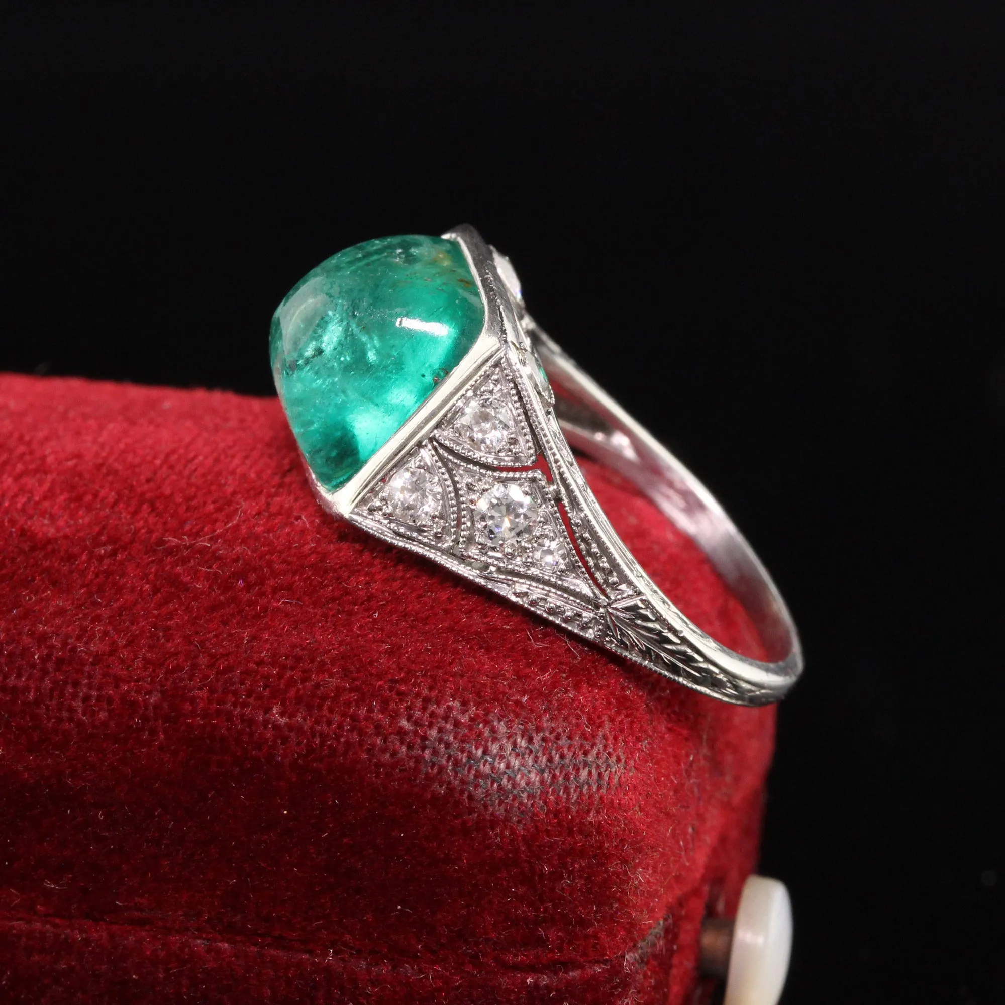 Antique Art Deco Platinum Sugar Loaf Emerald Old Euro Diamond Filigree Ring