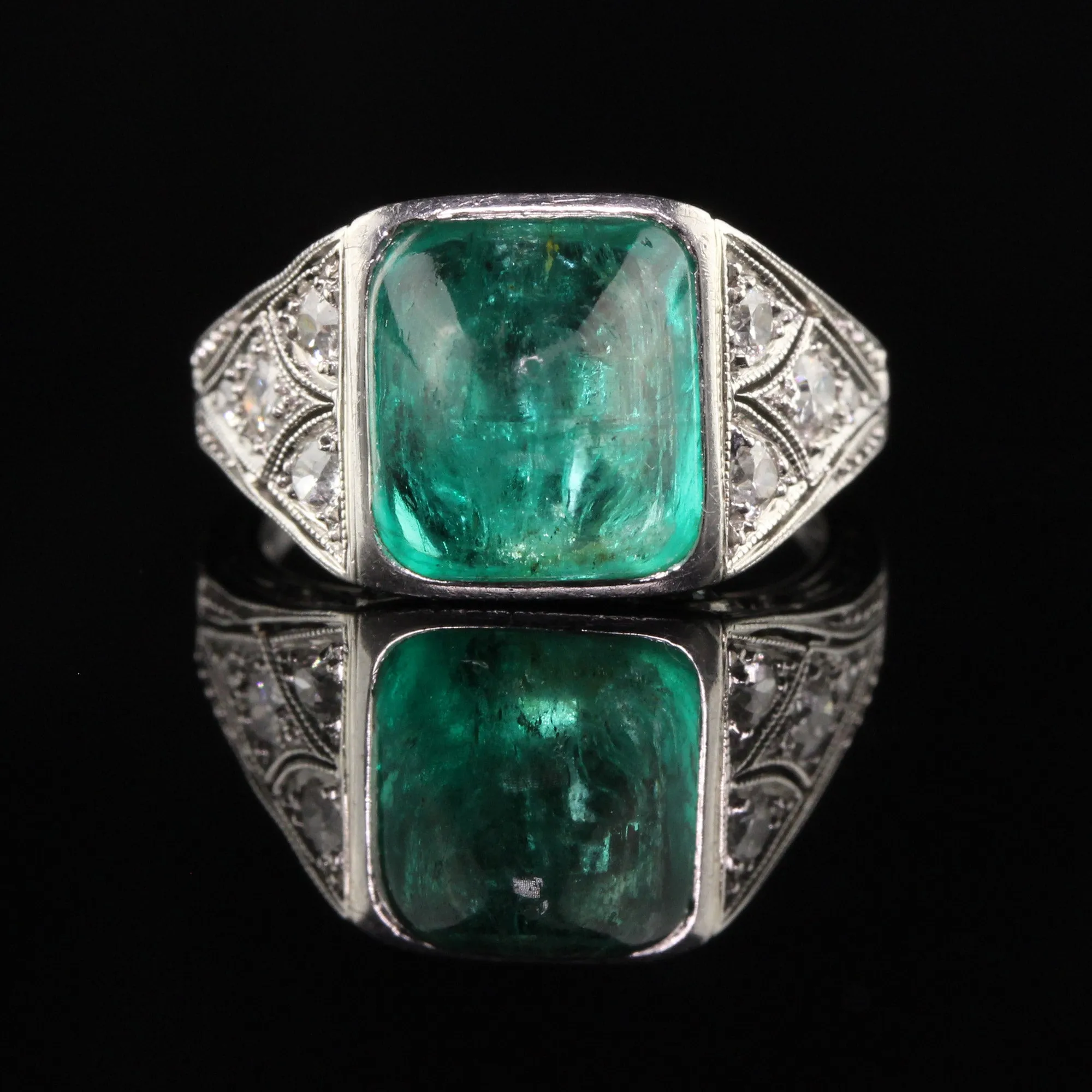 Antique Art Deco Platinum Sugar Loaf Emerald Old Euro Diamond Filigree Ring