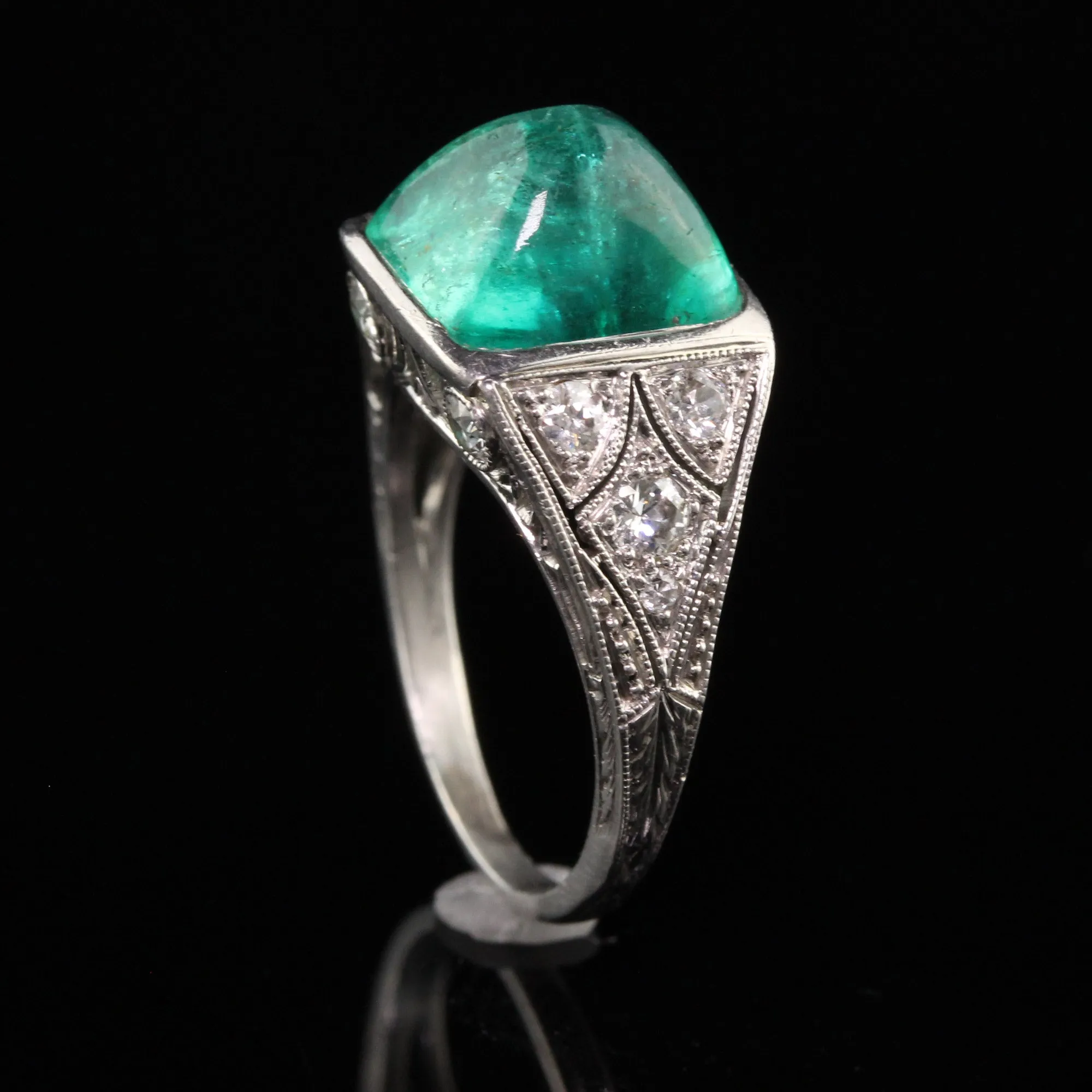 Antique Art Deco Platinum Sugar Loaf Emerald Old Euro Diamond Filigree Ring