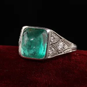 Antique Art Deco Platinum Sugar Loaf Emerald Old Euro Diamond Filigree Ring