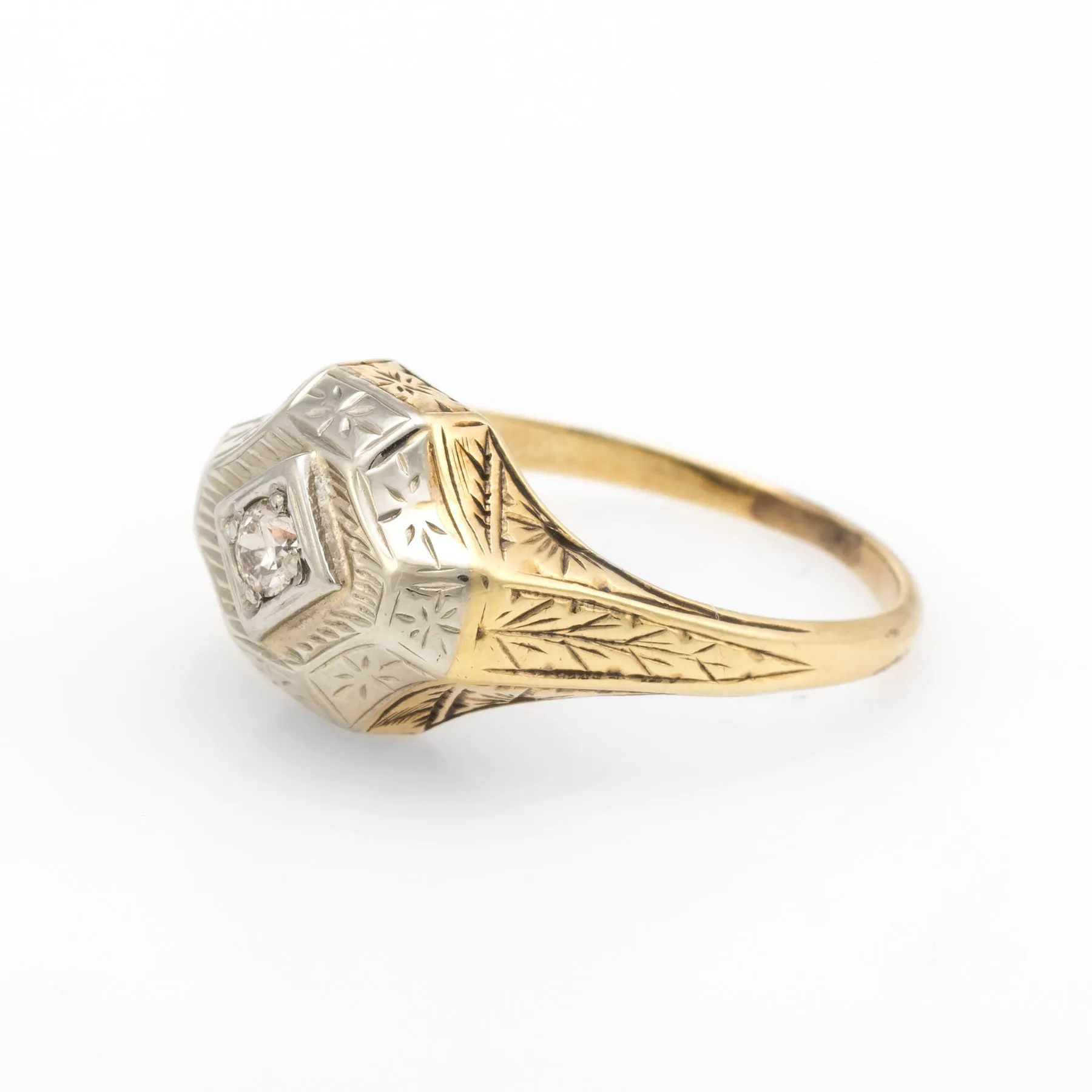 Antique Deco Two Tone Diamond Ring Vintage 14k Gold Estate Fine Jewelry Etched