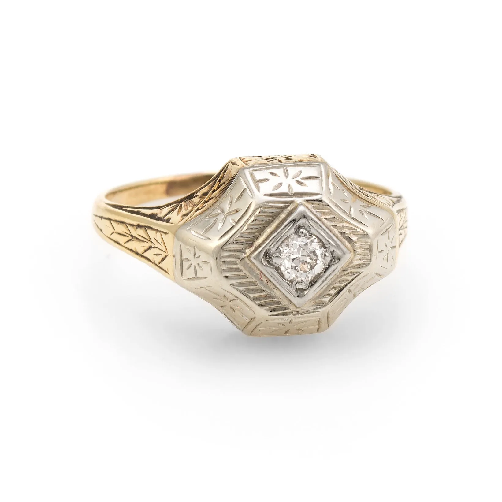 Antique Deco Two Tone Diamond Ring Vintage 14k Gold Estate Fine Jewelry Etched