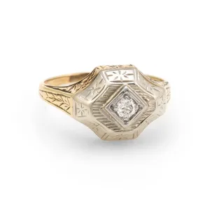 Antique Deco Two Tone Diamond Ring Vintage 14k Gold Estate Fine Jewelry Etched