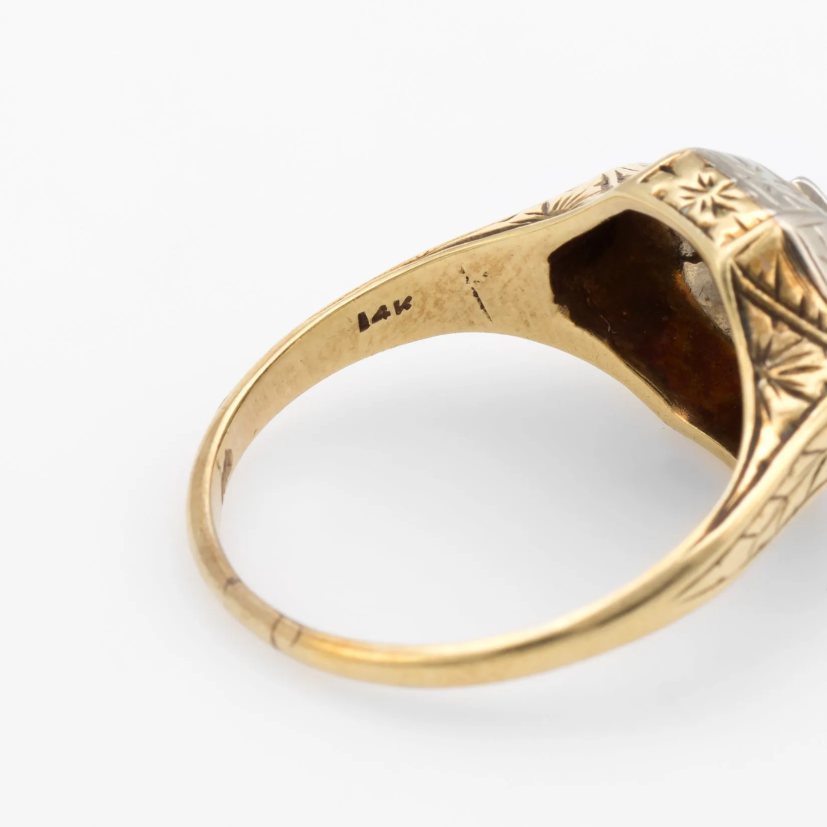 Antique Deco Two Tone Diamond Ring Vintage 14k Gold Estate Fine Jewelry Etched