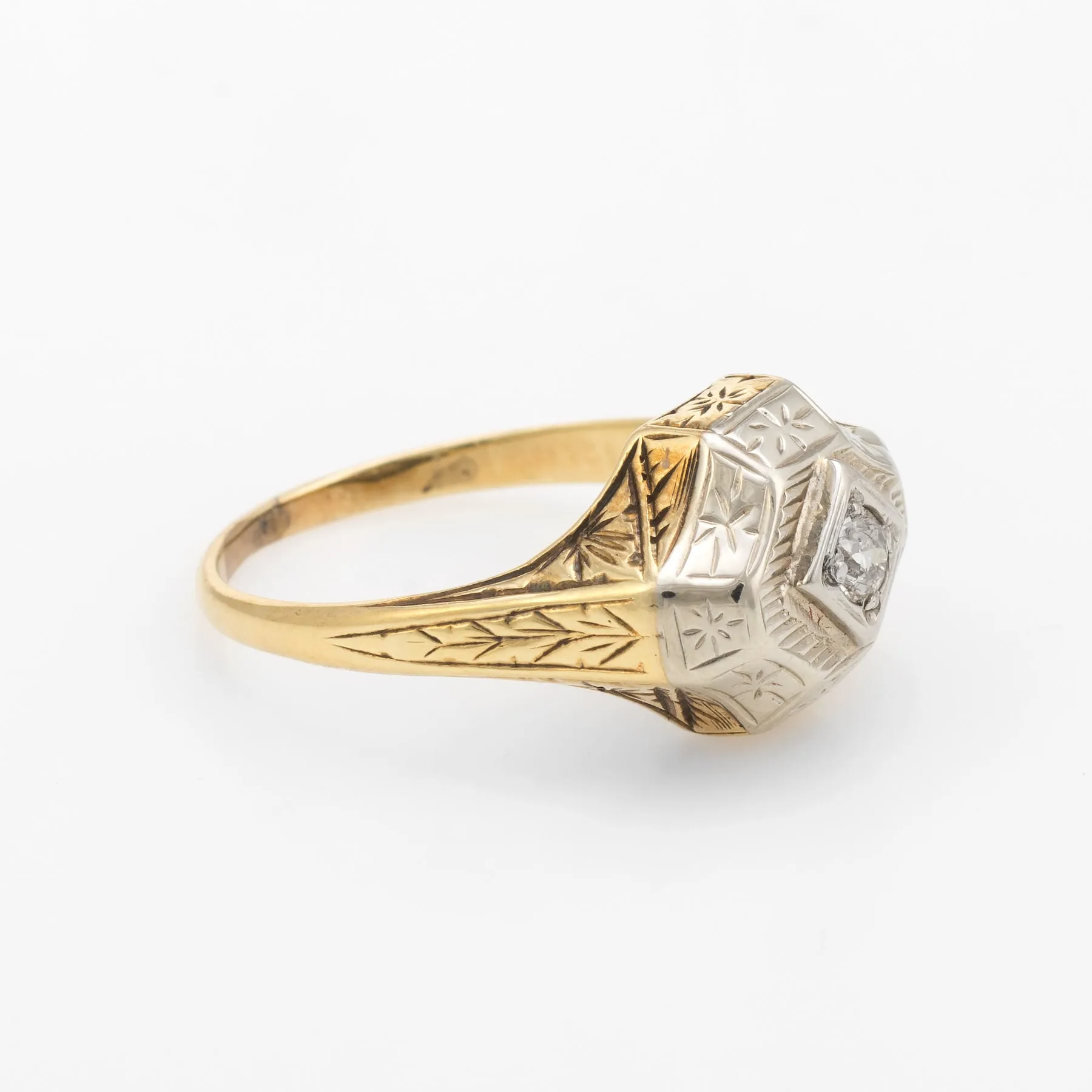 Antique Deco Two Tone Diamond Ring Vintage 14k Gold Estate Fine Jewelry Etched